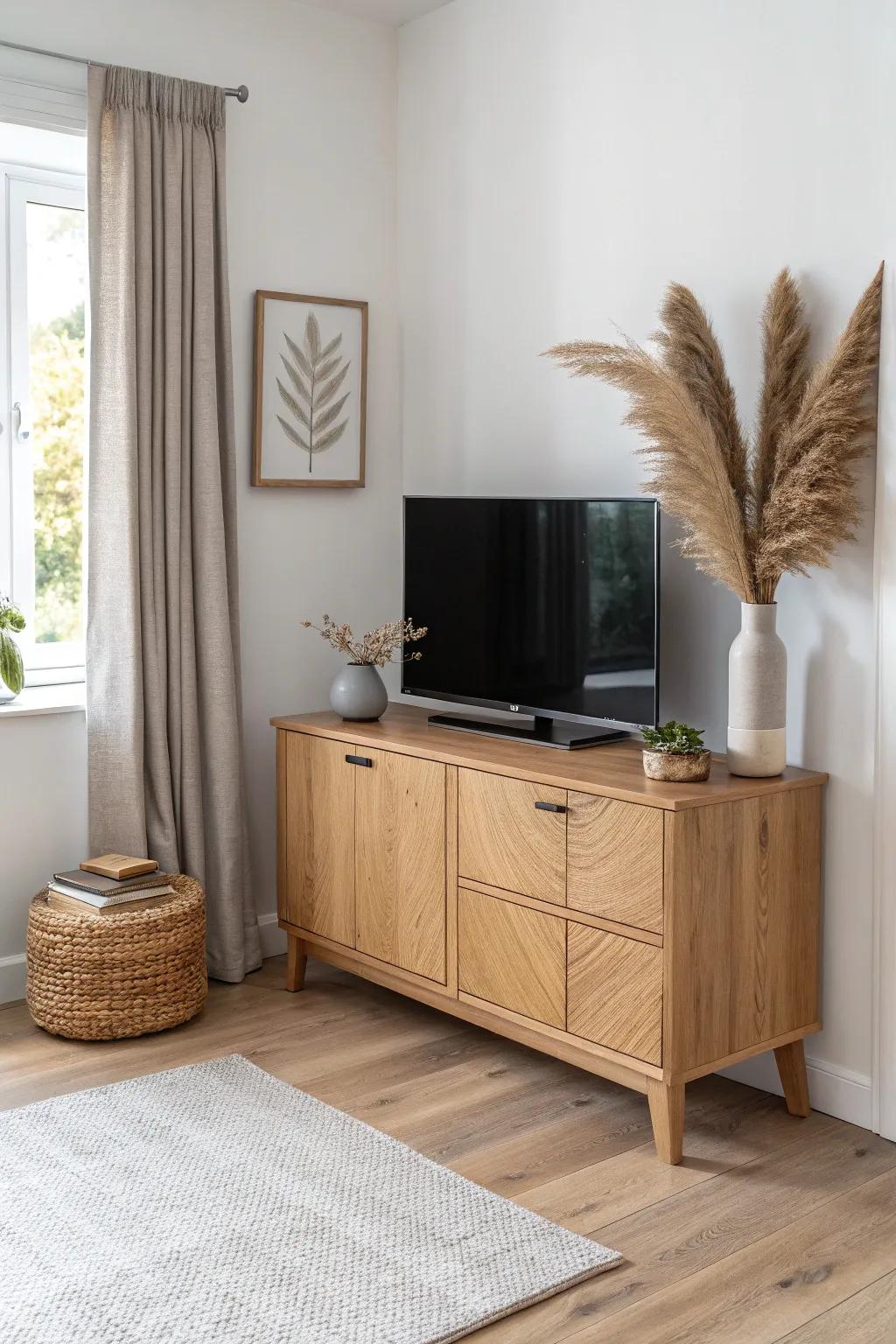 Turn an awkward corner into a cozy focal point with an angled sideboard TV setup.