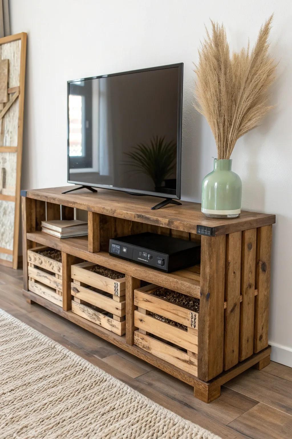 Stacked wood crates + a stained top create an airy, customizable media console with cubby storage.