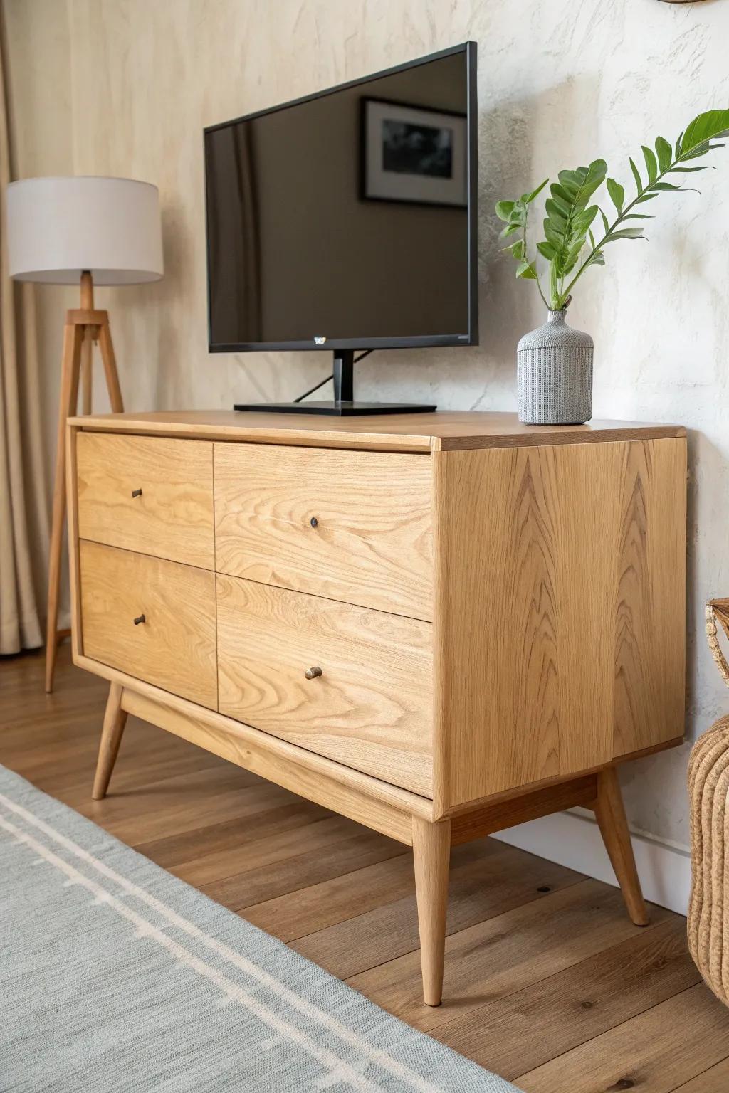Vanity-meets-TV stand in light oak—hidden cable channel keeps the bedroom look effortlessly clean.