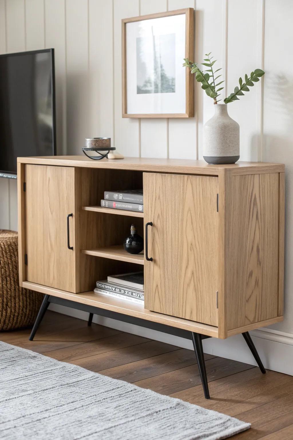 Mini barn-door TV stand: space-saving sliding doors and warm oak craftsmanship.