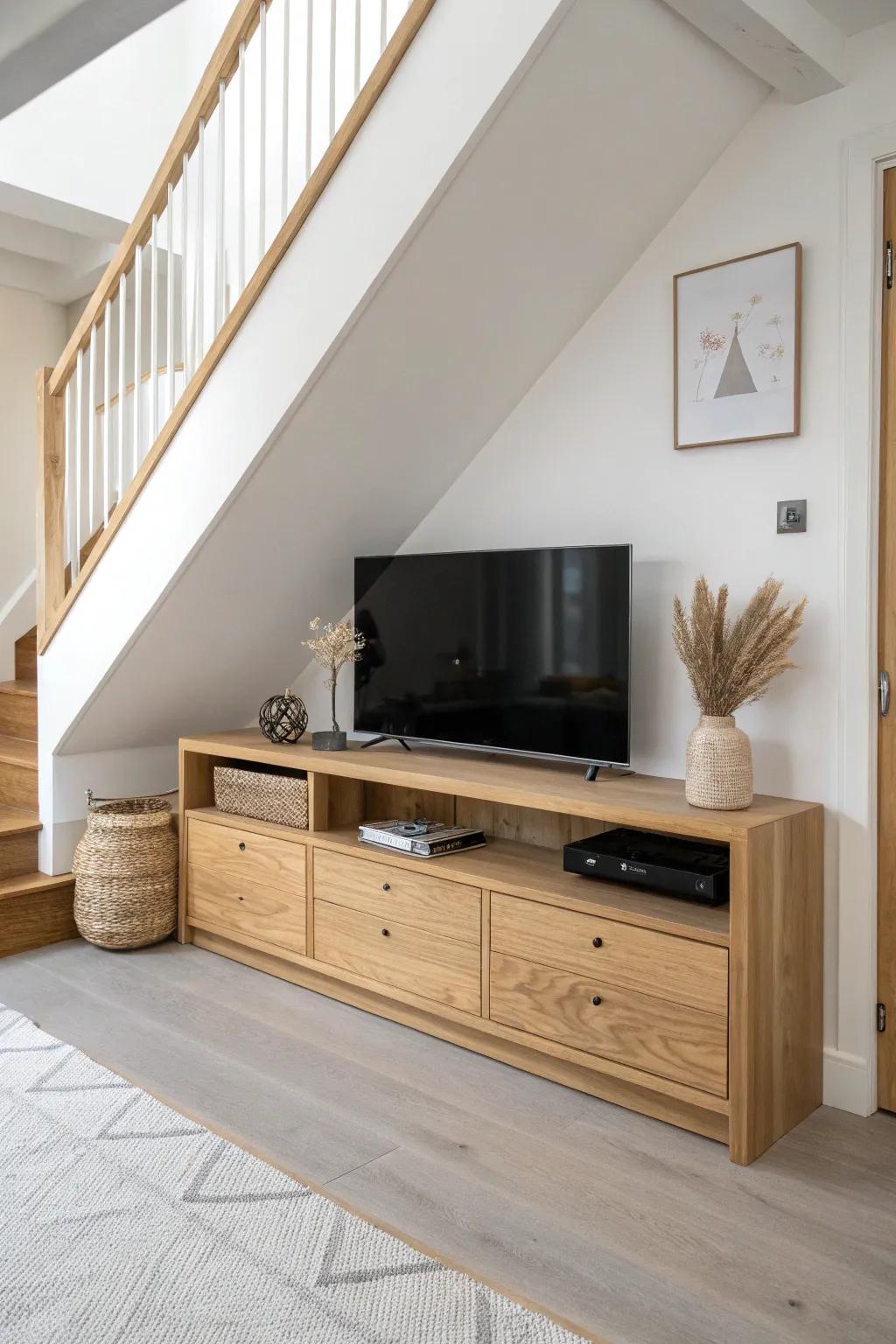 Built-in under-stair TV unit in light oak—angled drawers turn awkward space into design.