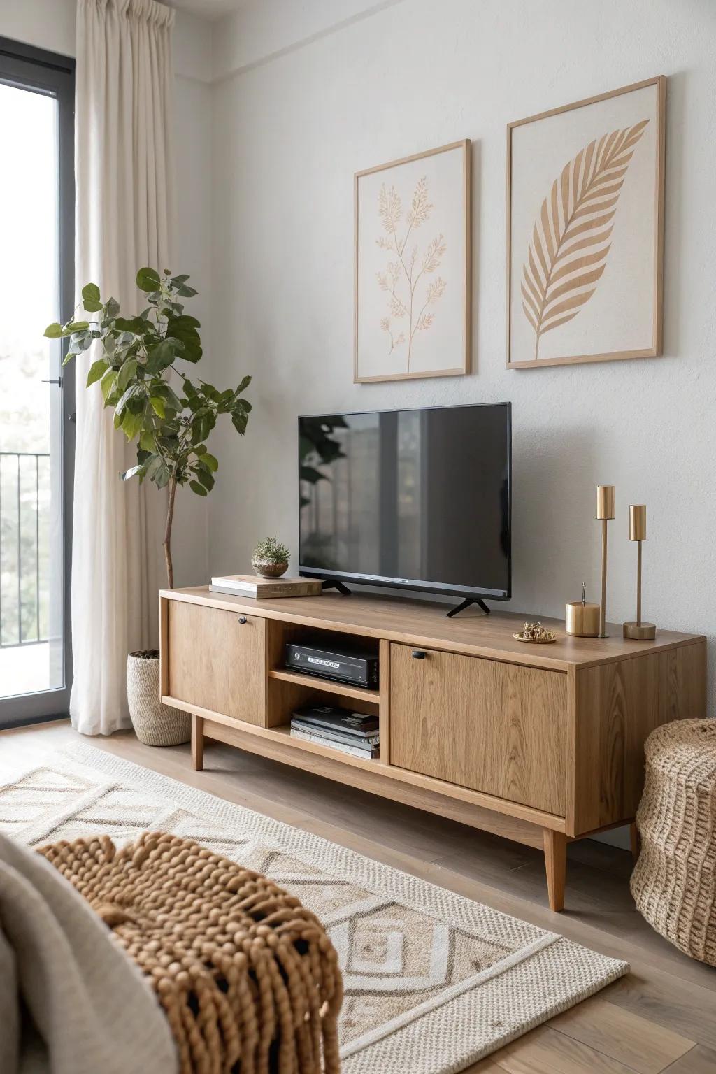 A hinged art panel turns your TV unit into wall decor—clean lines, warm wood, instant wow.