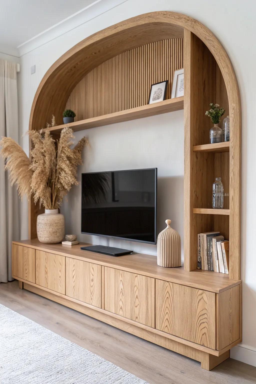 A light oak arched alcove turns the TV wall into a soft, sculptural architectural feature.