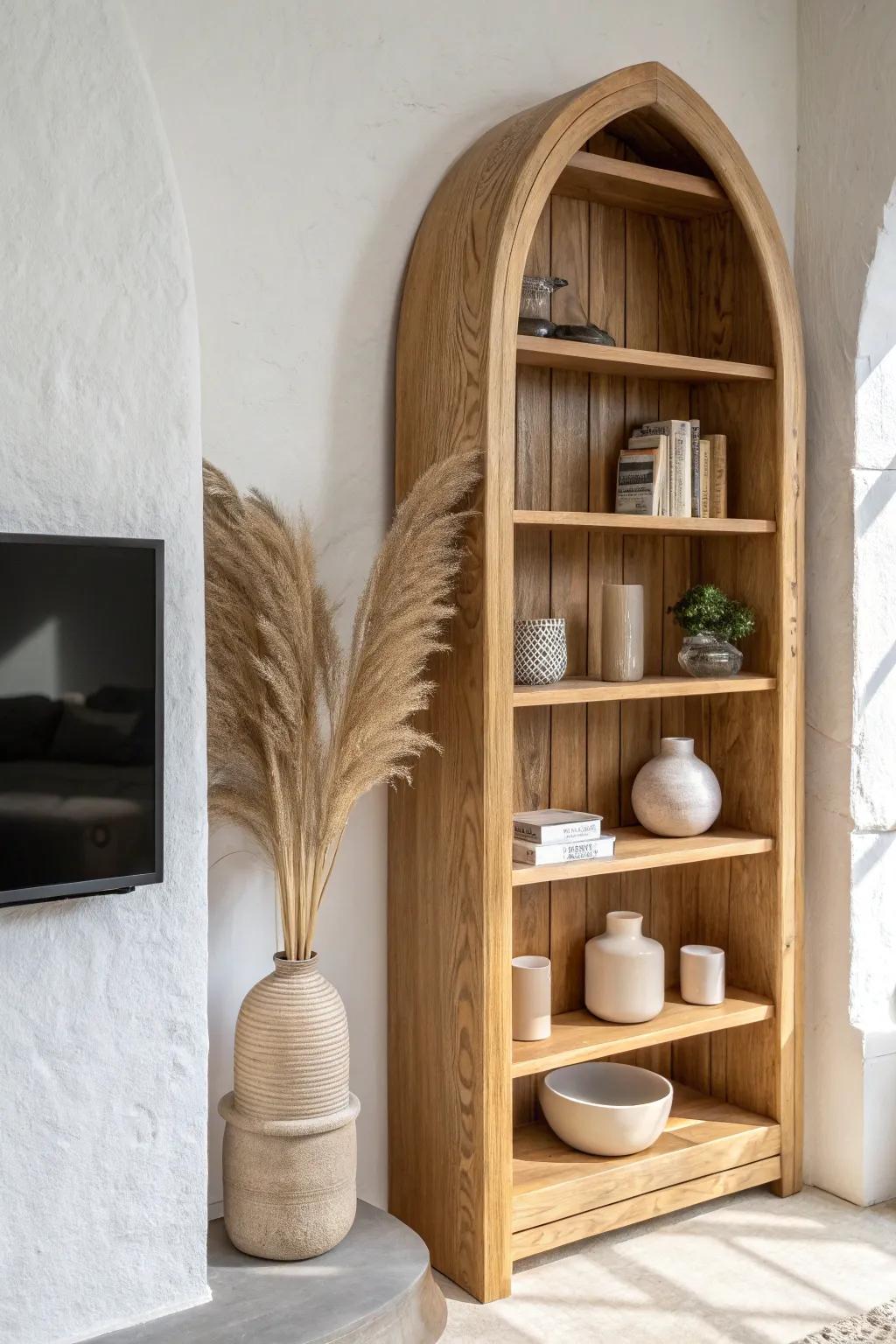A sculpted arched niche shelf in light oak—soft curves that balance a modern TV wall.