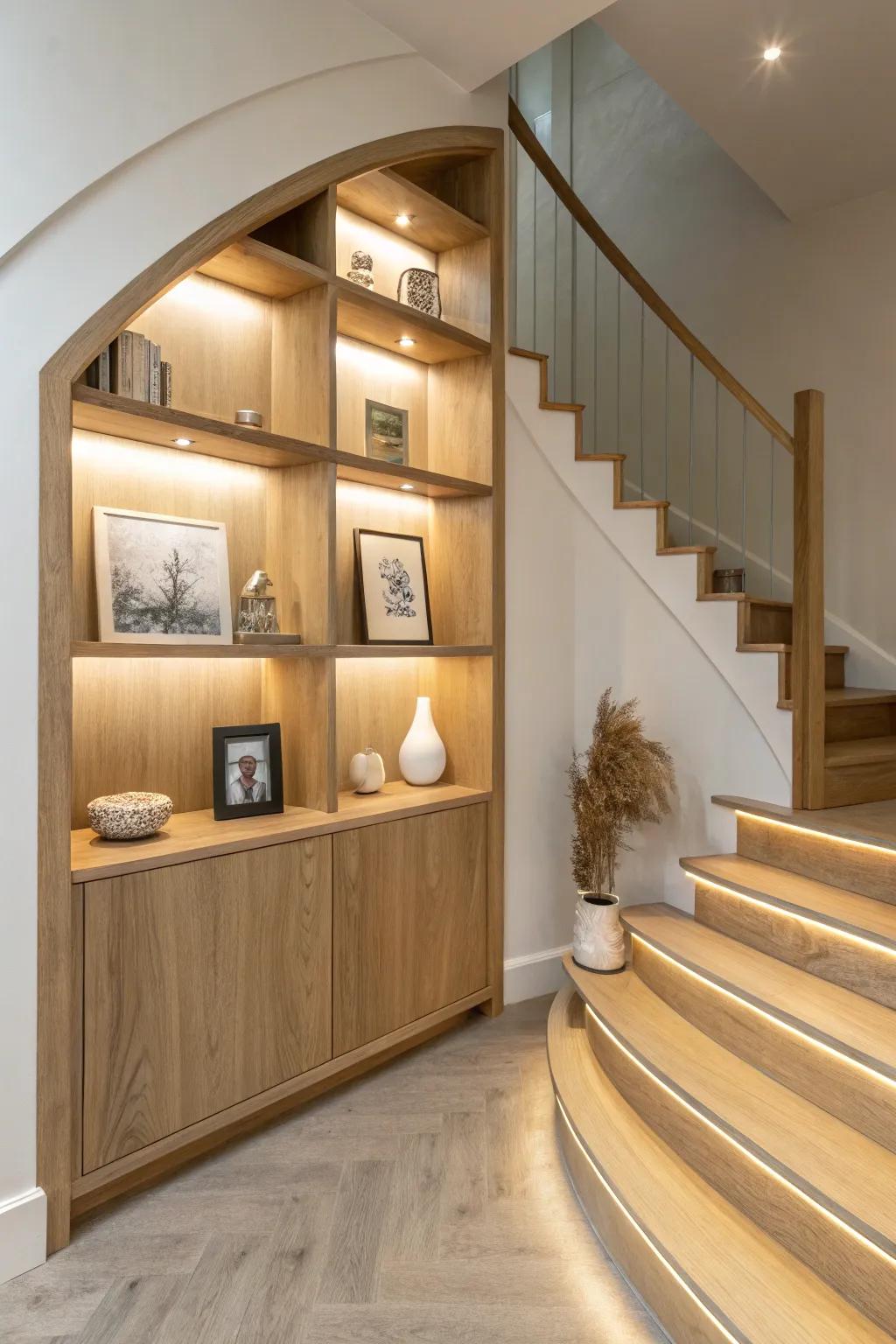 Curved-stair display shelves with warm built-in LEDs—pretty pottery up top, baskets below.