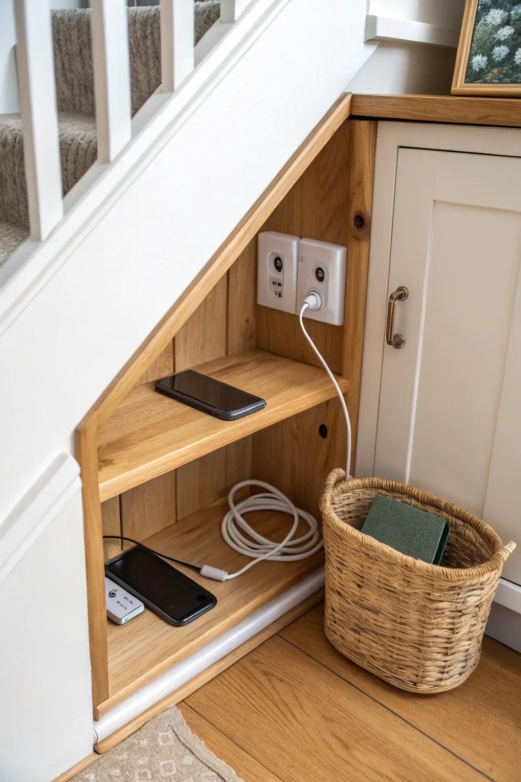 An under-stairs charging cupboard that hides every cord—clean, calm, and beautifully built.