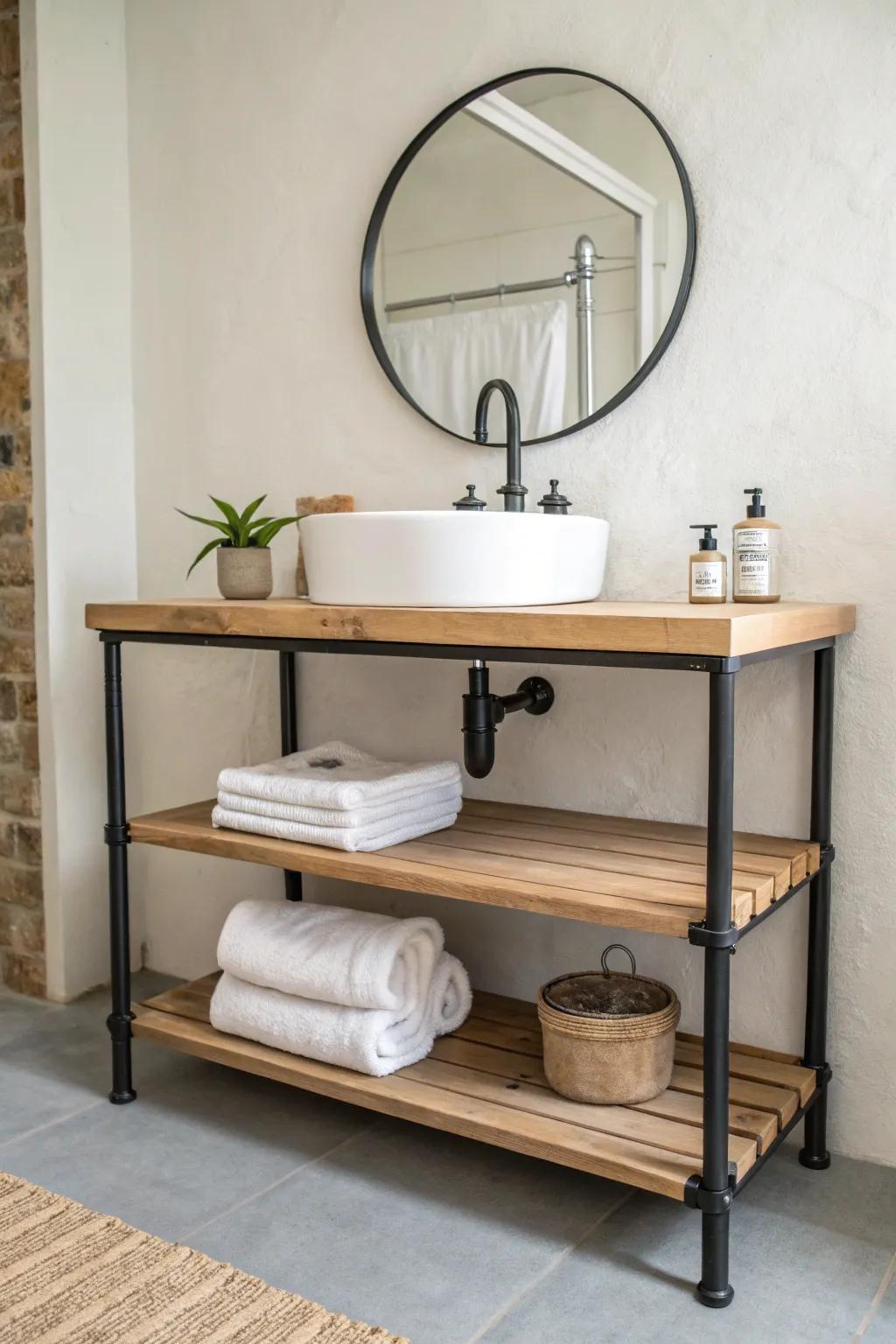 Airy pipe-frame vanity with warm oak open shelves—industrial edge, Scandinavian calm.