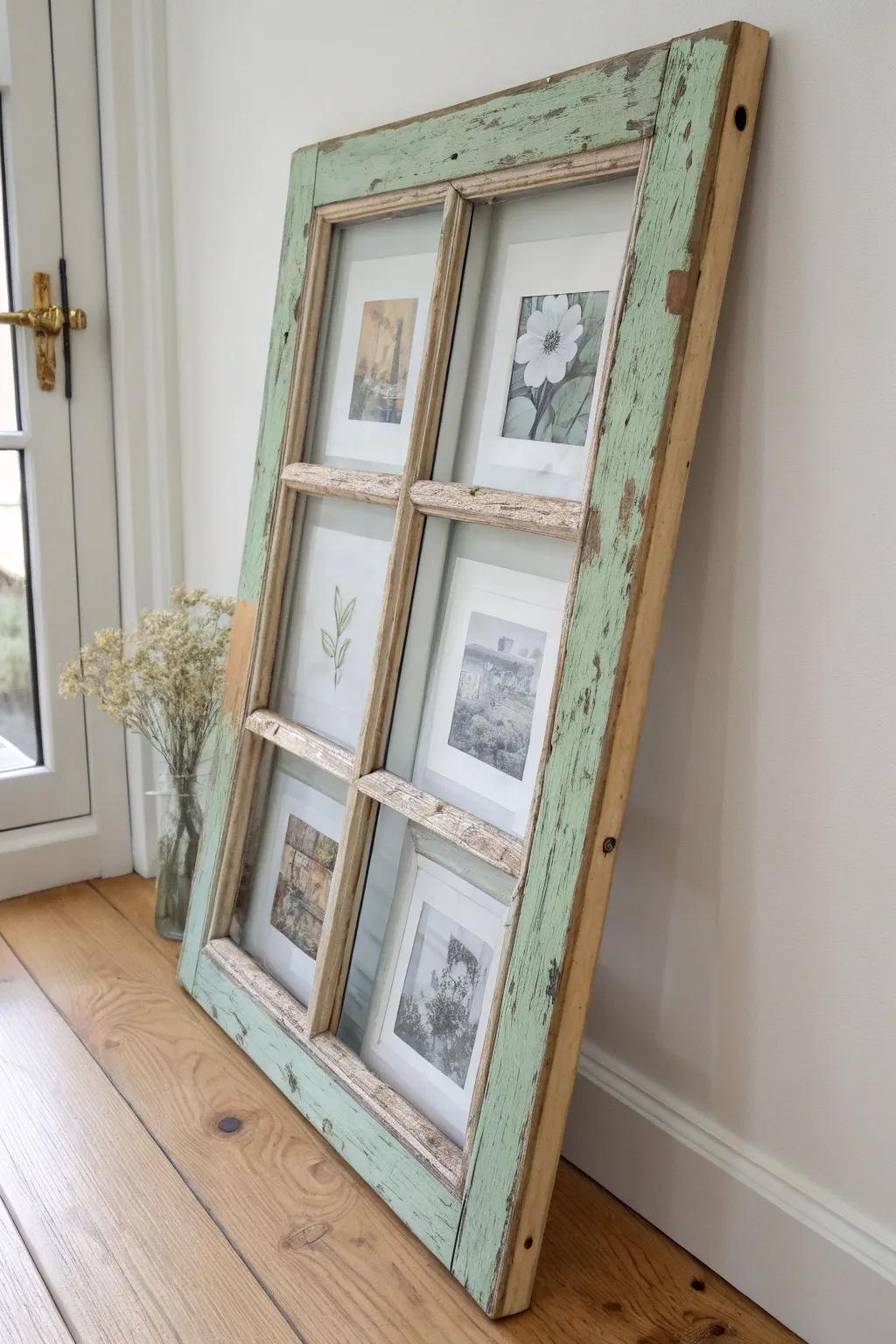 A salvaged window sash becomes a chic multi-frame—swap photos each season for instant charm.