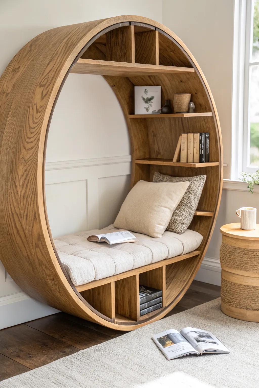 A circular oak bookshelf nook with a cushioned seat—your cozy hideaway inside the shelves.