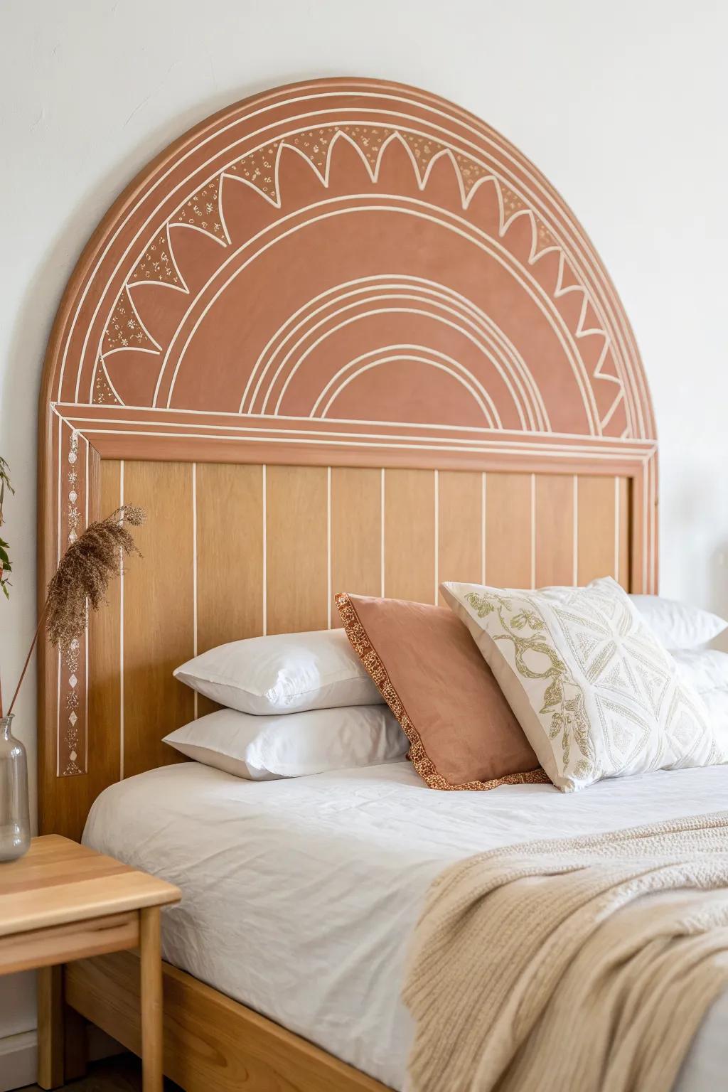 Painted terracotta arch headboard—rental-friendly drama with zero woodworking and clean Nordic calm.