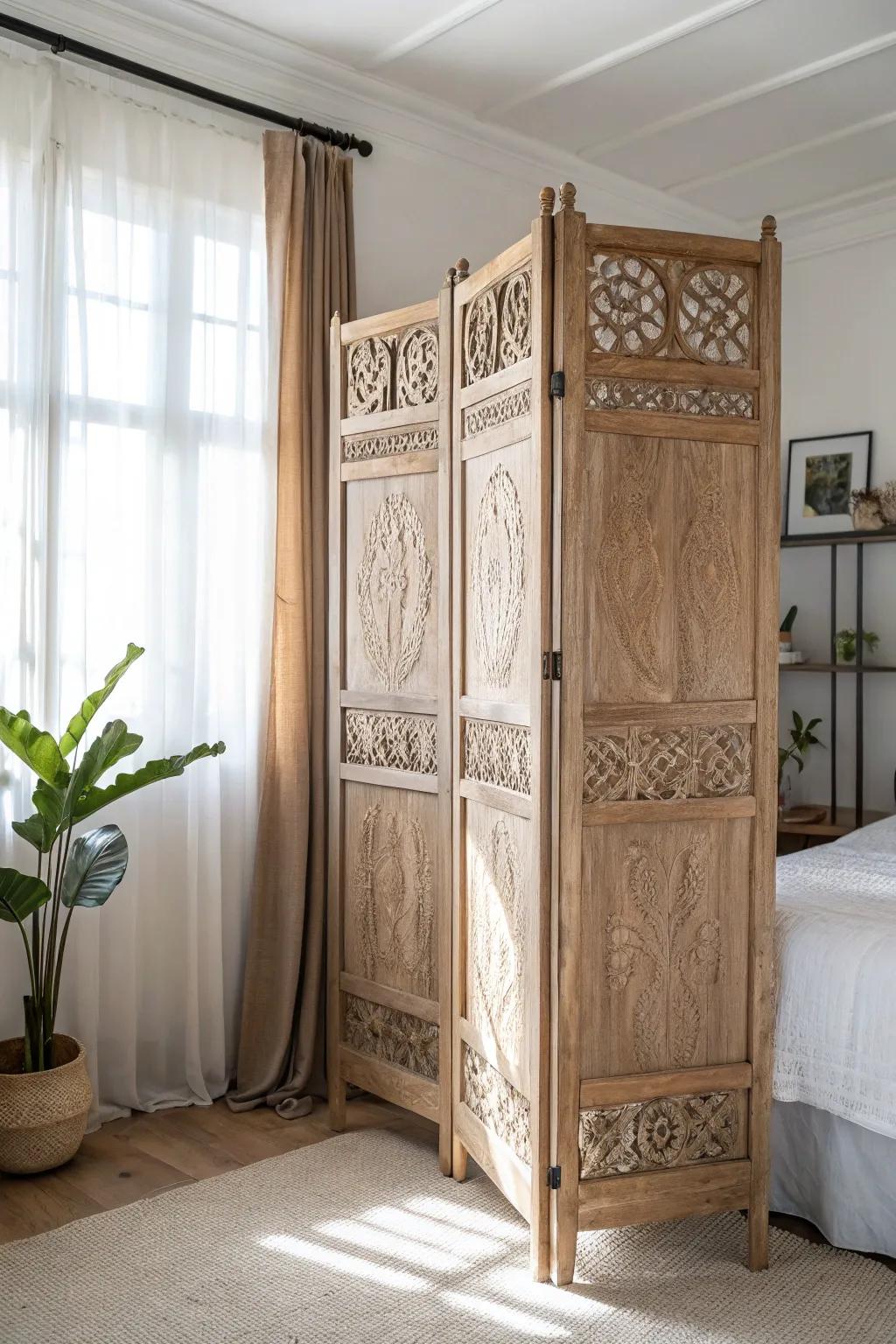 Two upcycled headboards hinged into a chic folding divider—minimal, boho, and beautifully bold.