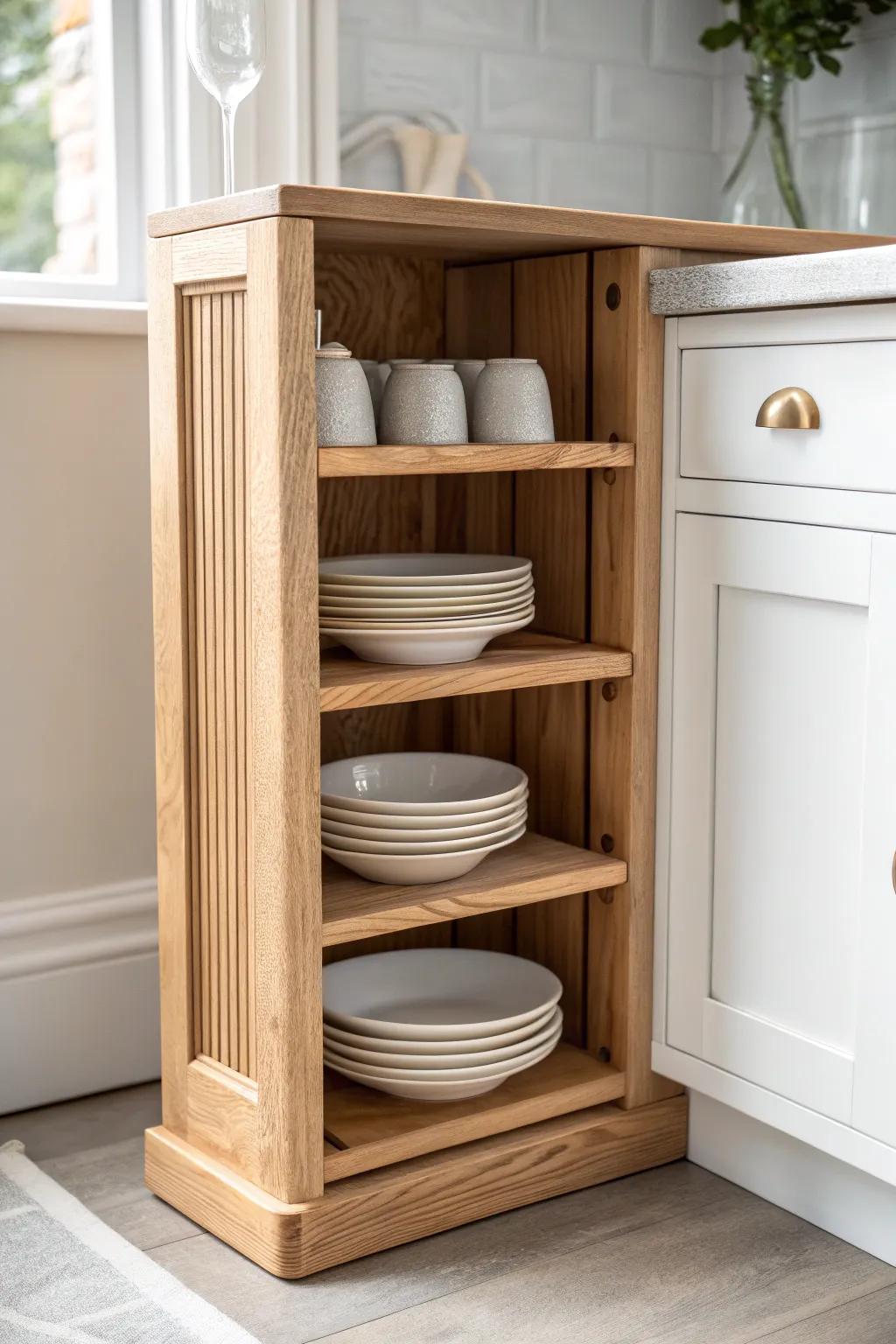 A simple corner groove rack keeps plates upright, easy to grab, and beautifully organized.