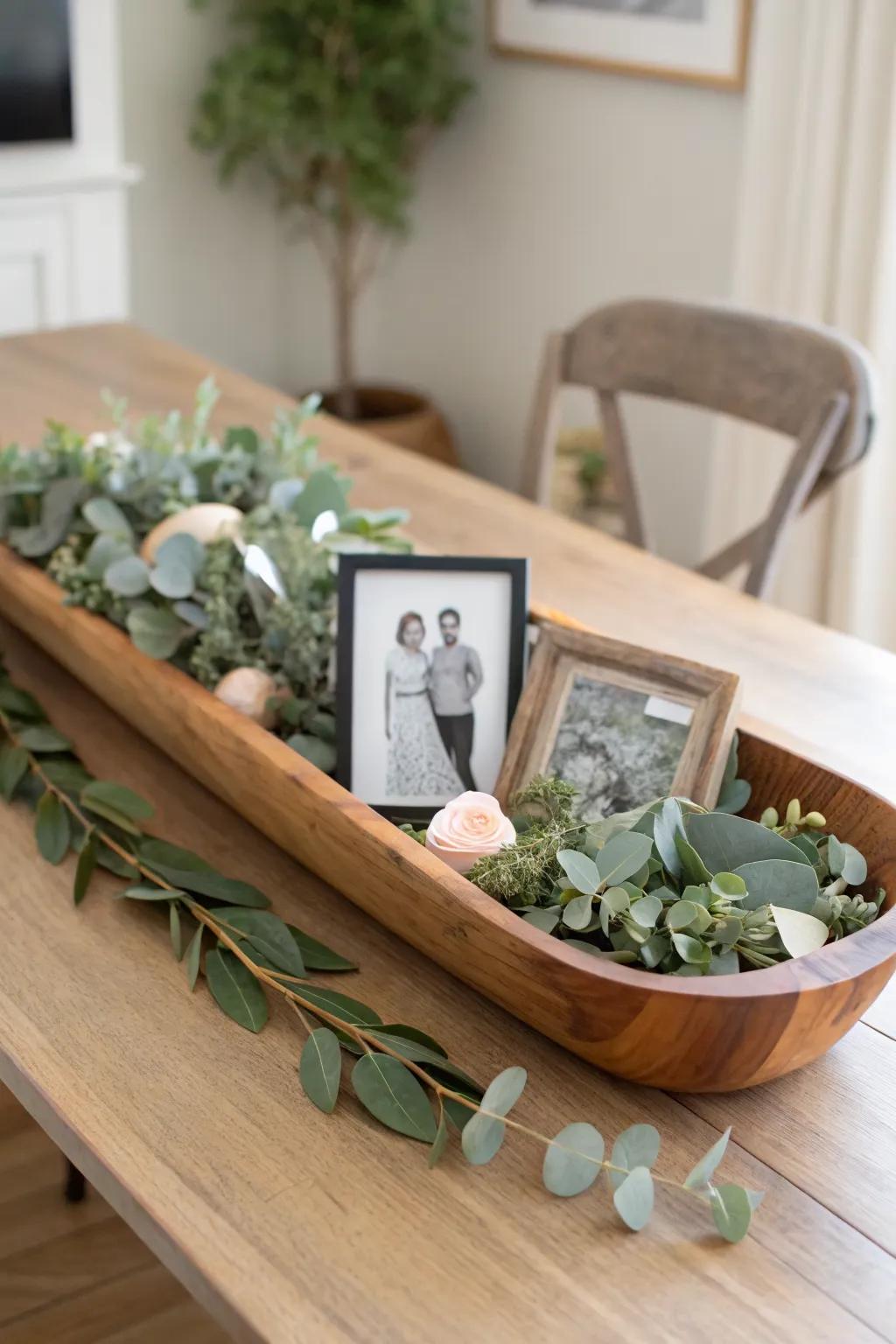 Mini frames nestled in greenery turn a wooden dough bowl into a simple Valentine love story.