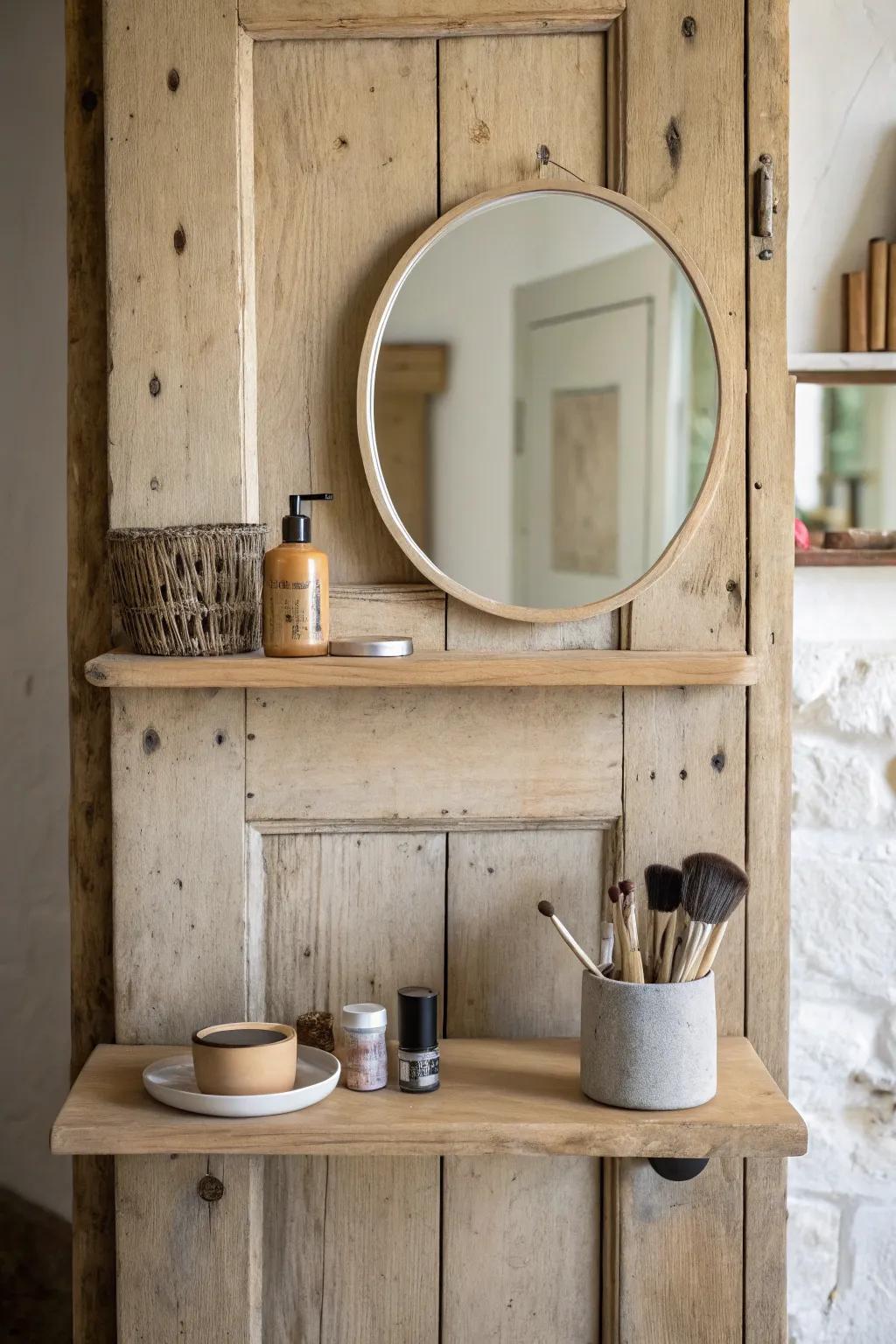 Reclaimed door-panel vanity with shelf mirror—minimal, warm, and full of vintage character.