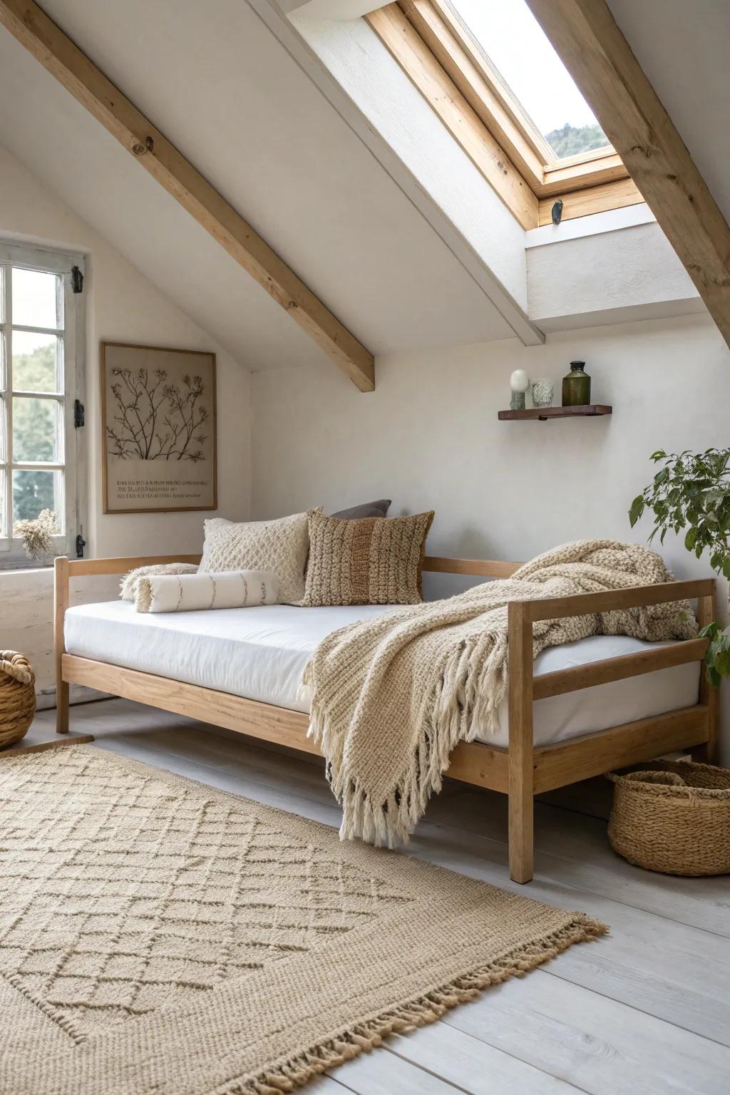 A simple oak daybed + layered textiles turns a vaulted loft into the coziest lounge spot.