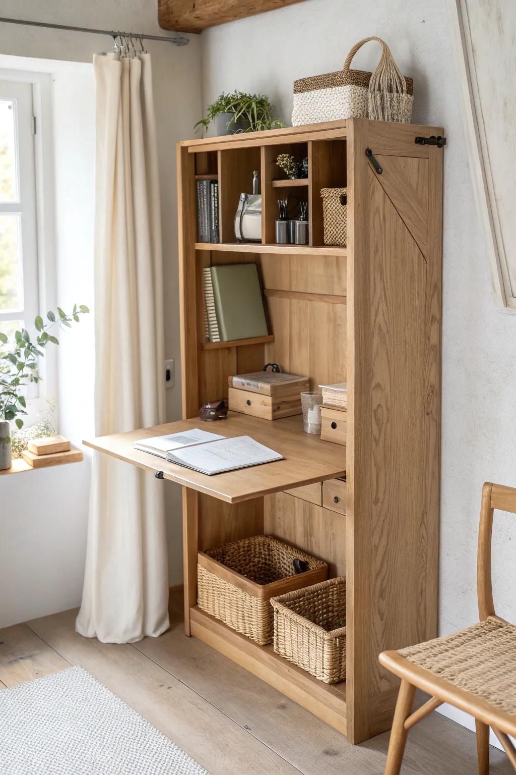 A fold-down wall workstation that stores supplies vertically—minimal, warm, and space-smart.