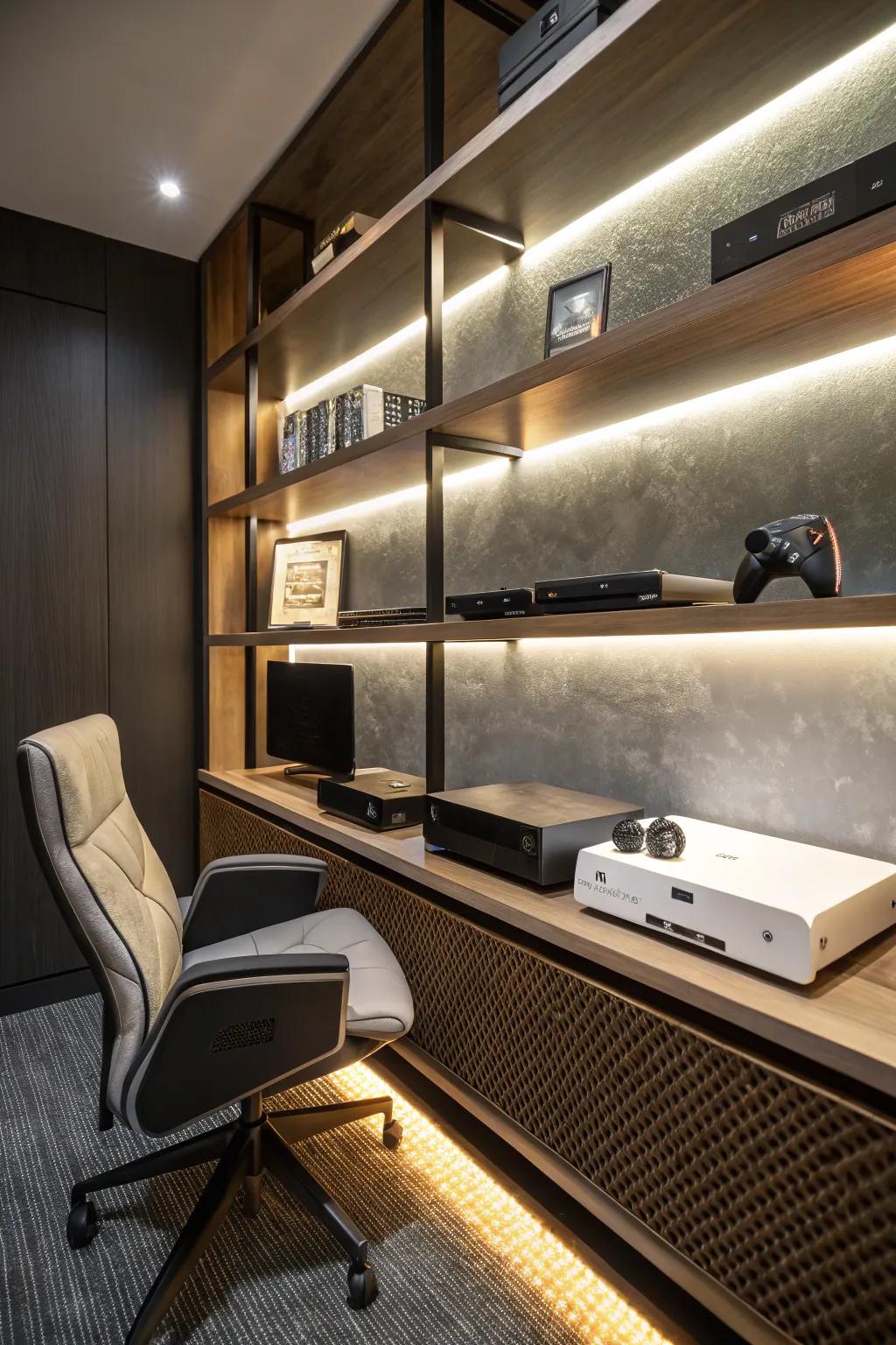 Elevate your gaming experience with a sleek and stylish console shelf. #GamingNook #ManCaveIdeas