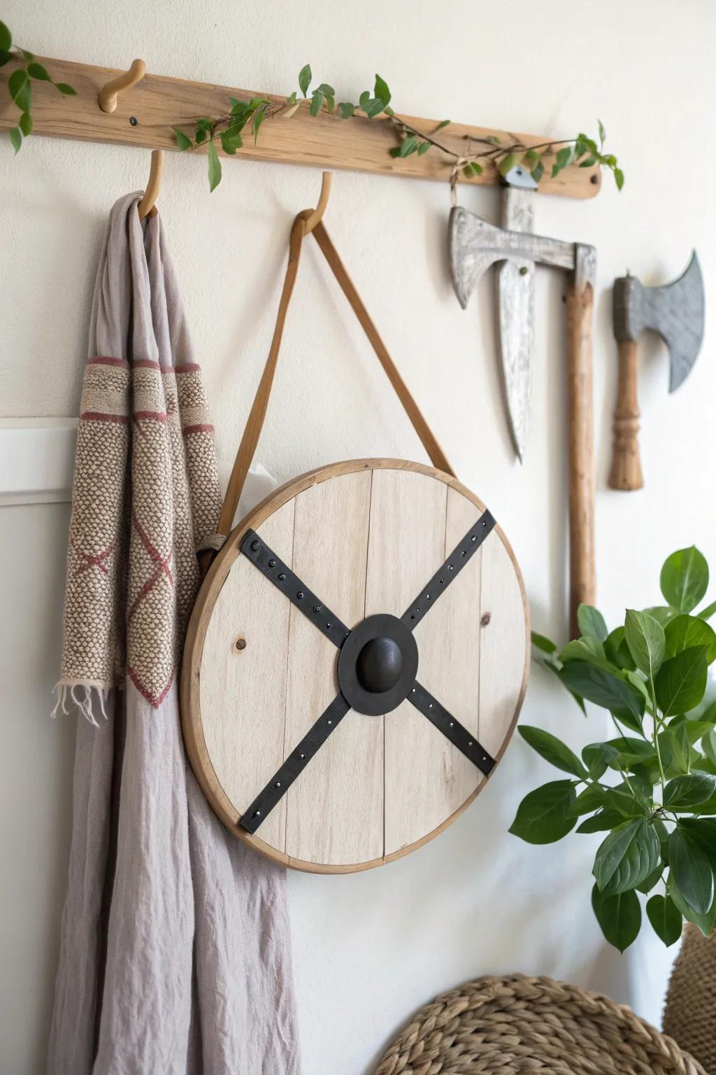 Minimal oak wall rack with shield and axes—Viking boldness, styled soft and Scandinavian.