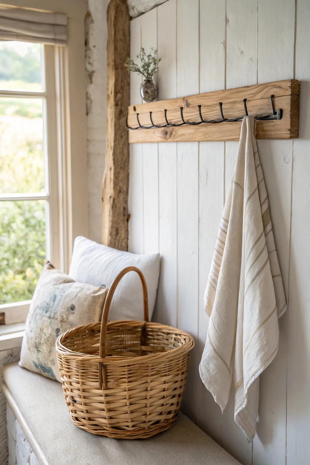 Vintage cottage peg rail in warm wood—perfect for baskets, robes, and airy linen layers.