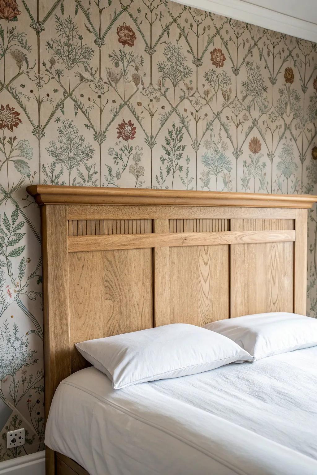 A light oak headboard pops against vintage wallpaper—an instant eclectic feature wall moment.