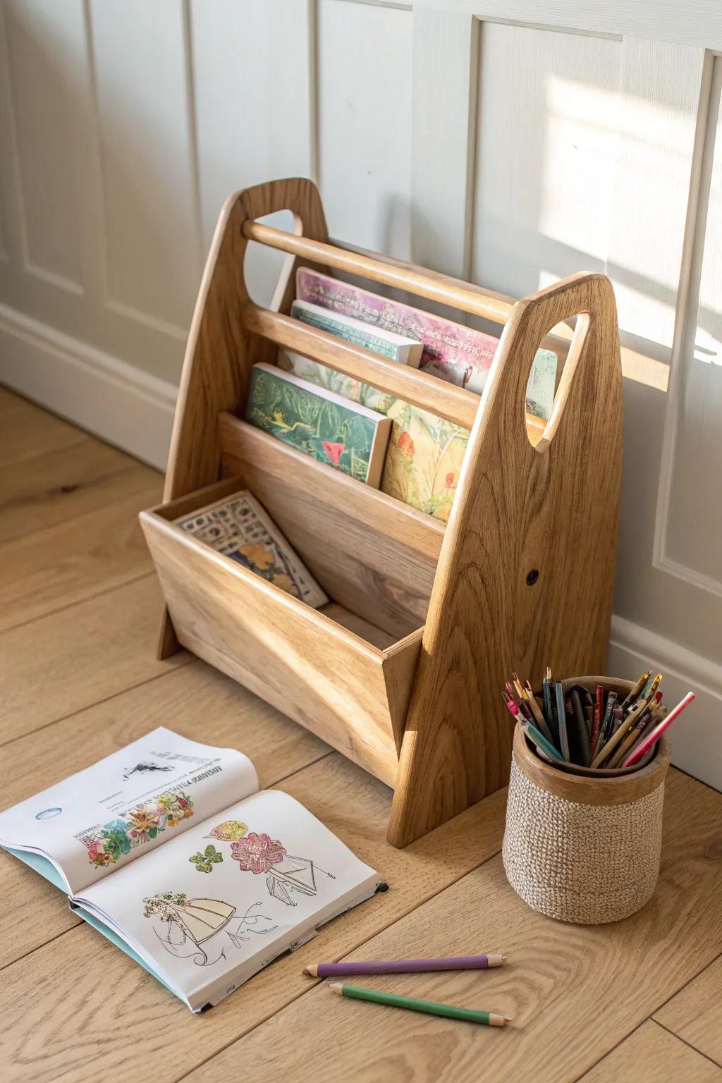 A vintage wooden rack becomes a tidy grab-and-go spot for coloring books and crayons.