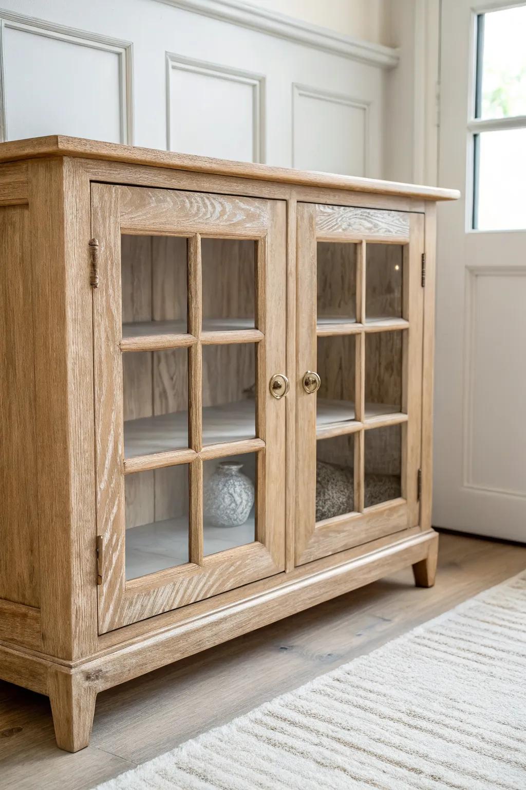 Vintage TV stand with window-sash glass doors—farmhouse charm in a clean, Nordic look.