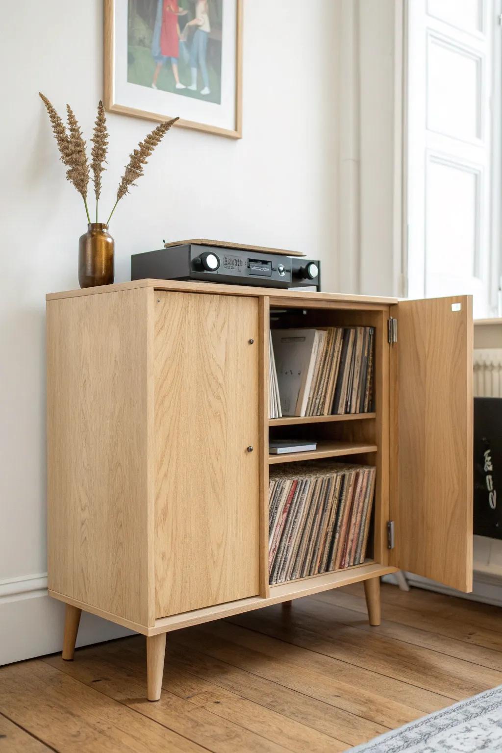 A drop-front oak cabinet that hides a tidy vinyl bay—beautiful storage for shared spaces.