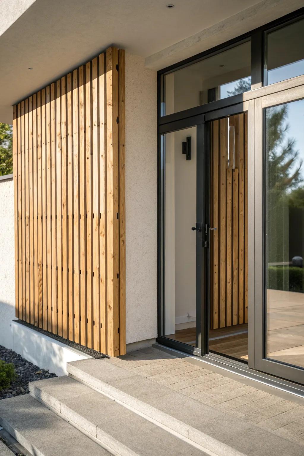 A sleek slatted wood screen adds privacy by the walkout door—without losing the light.