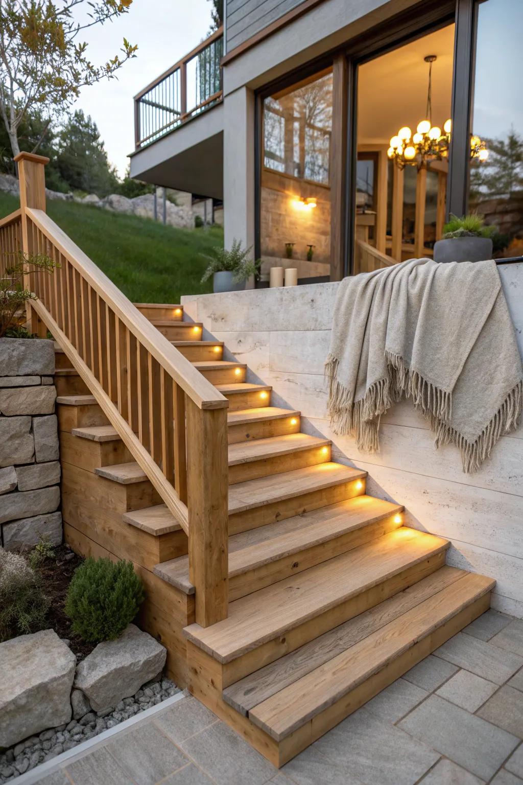 Turn basement stairs into a sunken patio entry—warm wood, calm lines, outdoor-room vibe.