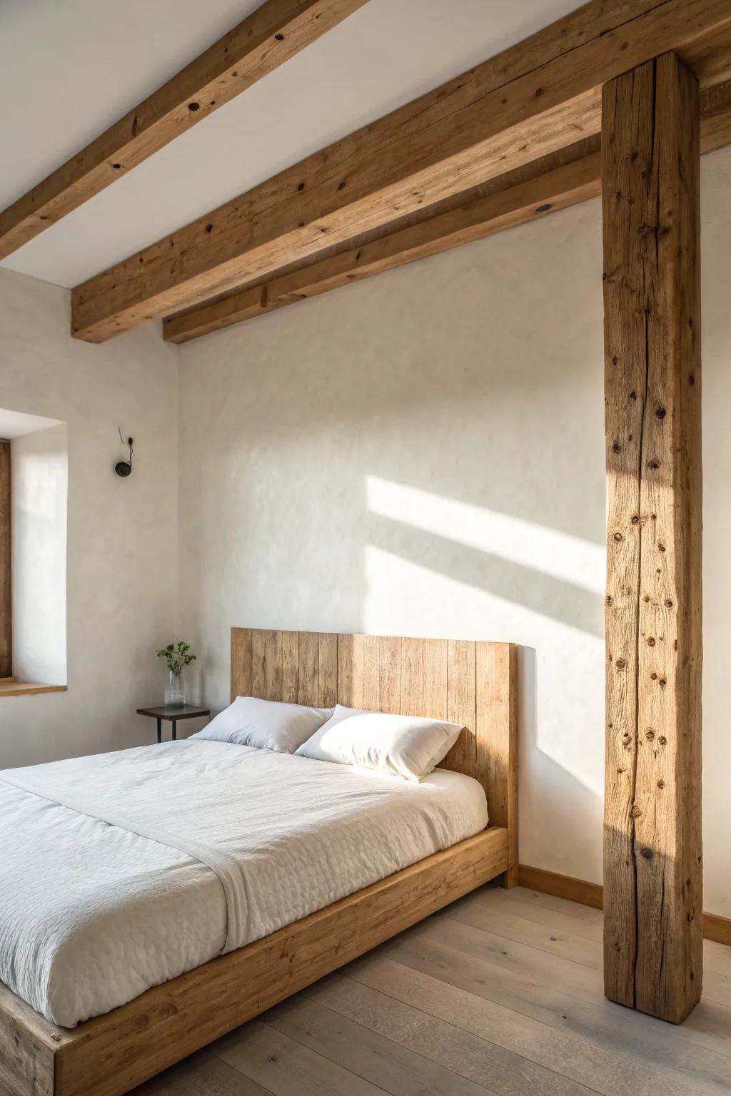 Reclaimed wood wall-beam frame for a cozy cabin-style headboard—minimal, warm, timeless.