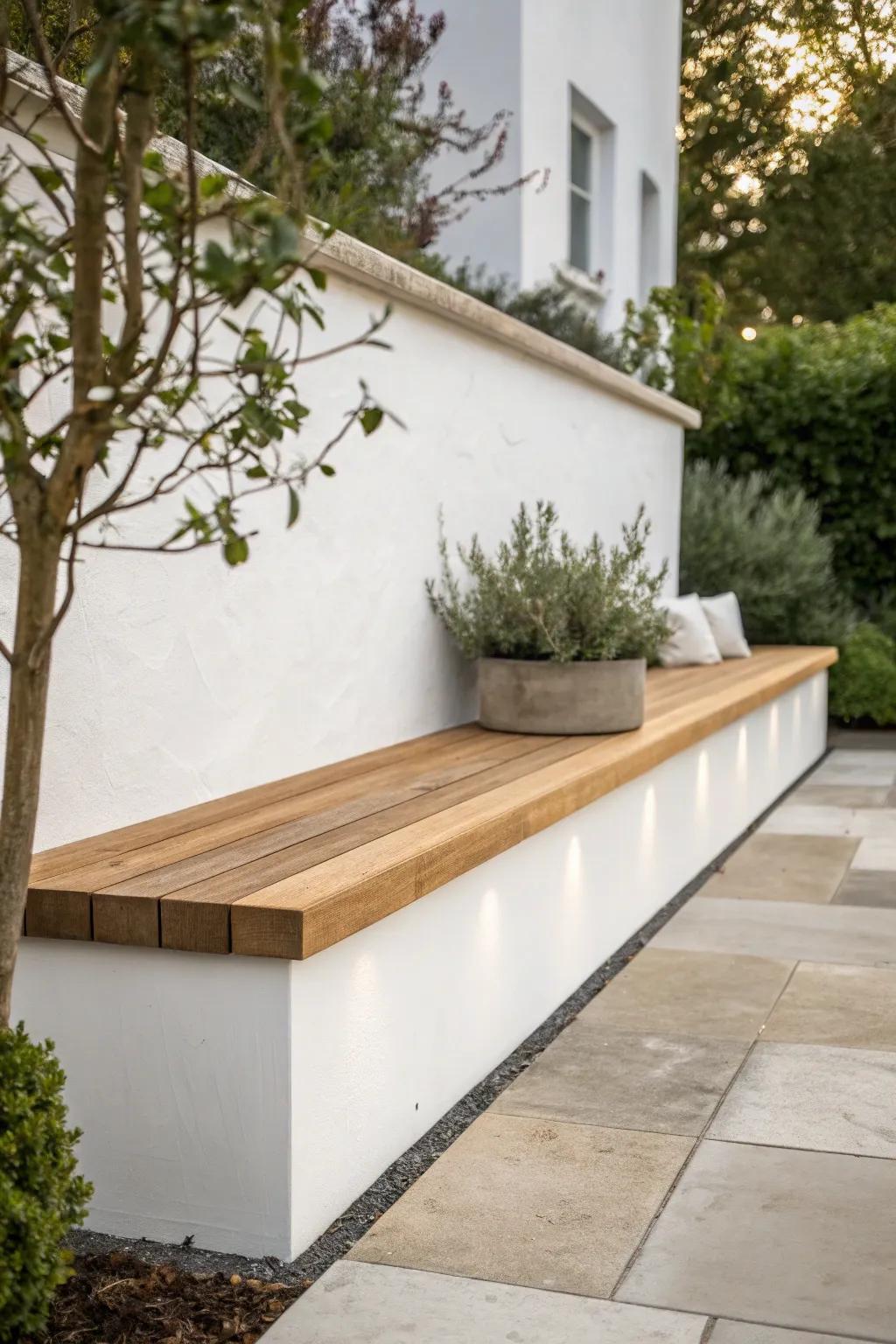 Warm wood cap turns a simple garden wall into a comfy, minimalist bench seat for summer.
