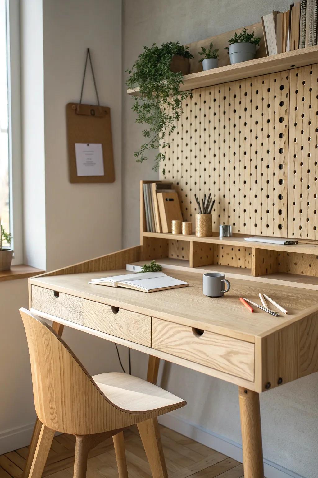 A pegboard-back wall desk that keeps your workspace tidy and beautifully minimal.