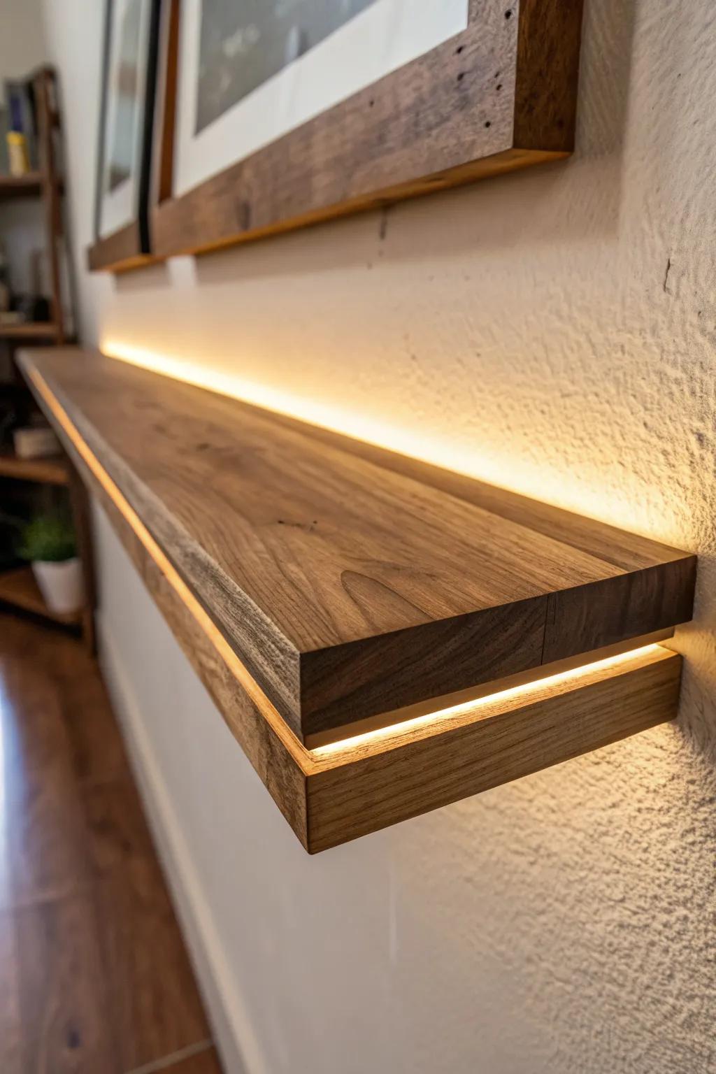A glowing resin inlay under a walnut shelf—clean, unexpected, and beautifully minimal.