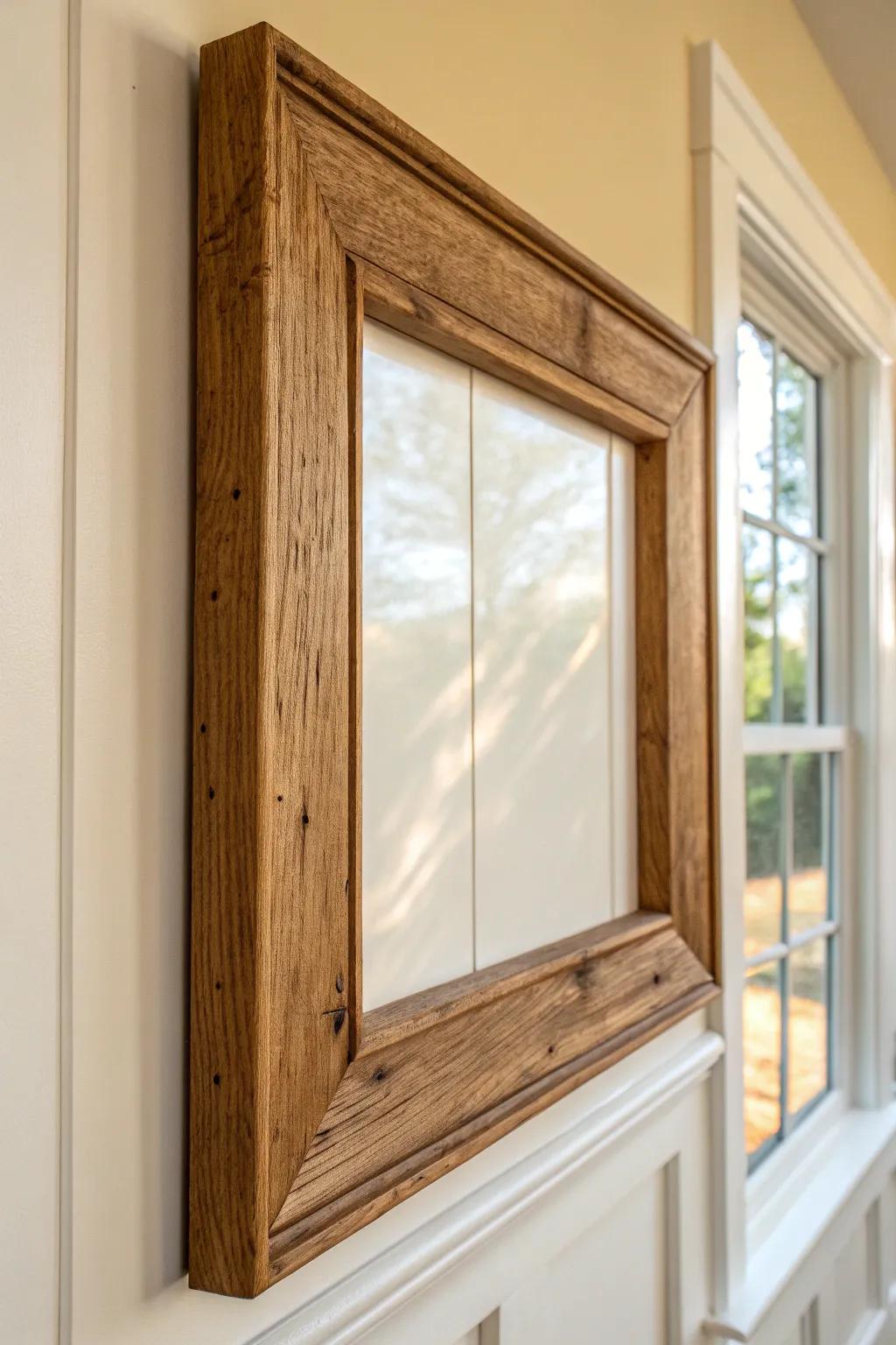 Reclaimed wood trim frames a soft painted wall—rustic warmth with crisp, modern lines.