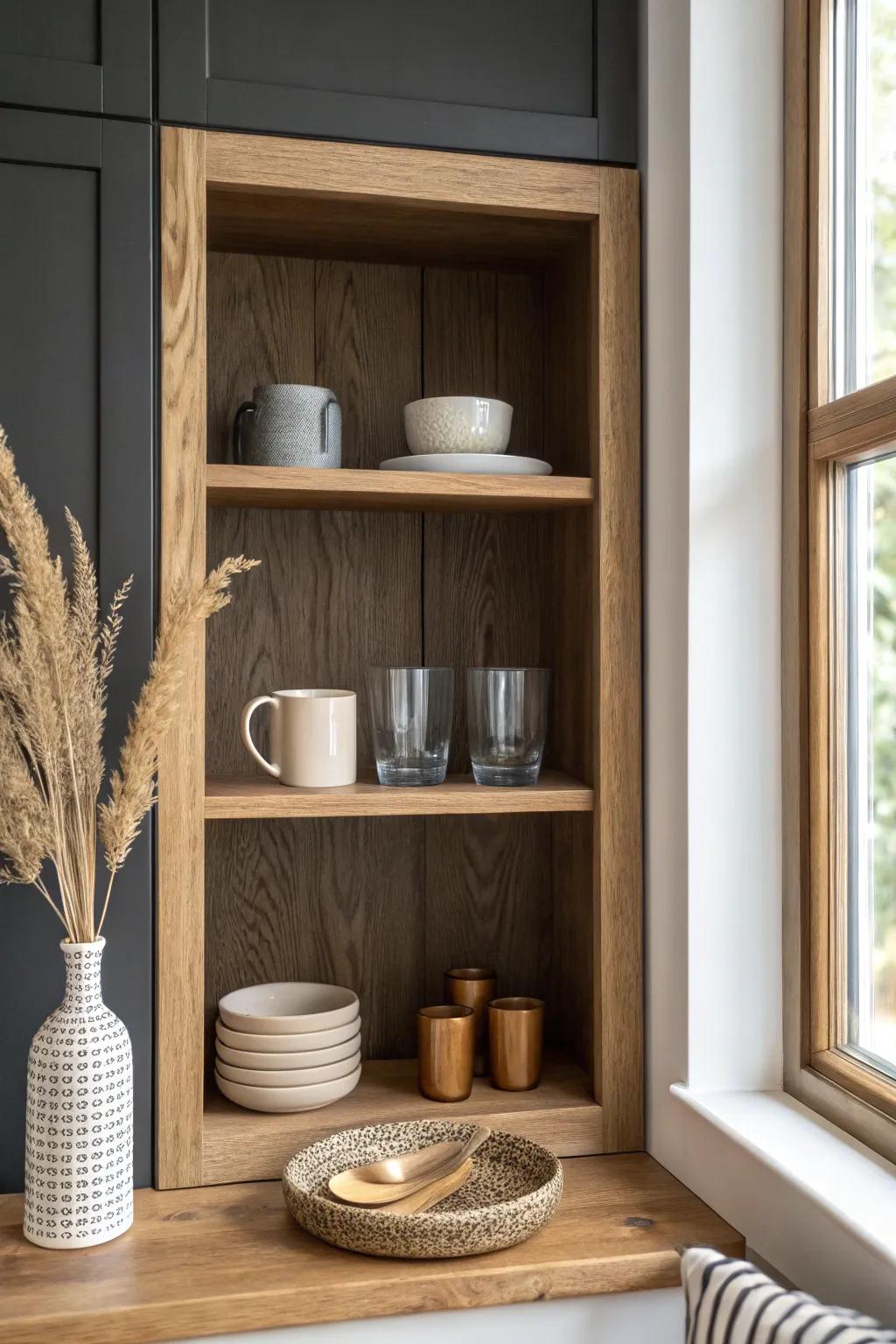 Built-in coffee niche in warm oak—minimal shelves, mugs and glasses, plus a simple handmade tray.