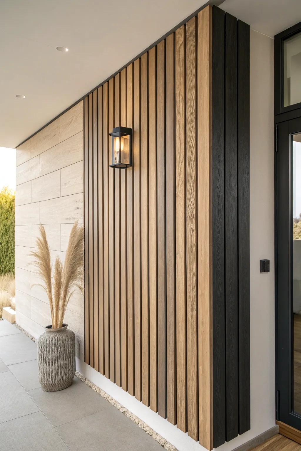 Two-tone oak slats over dark backing for a warm, modern TV wall with crisp contrast.