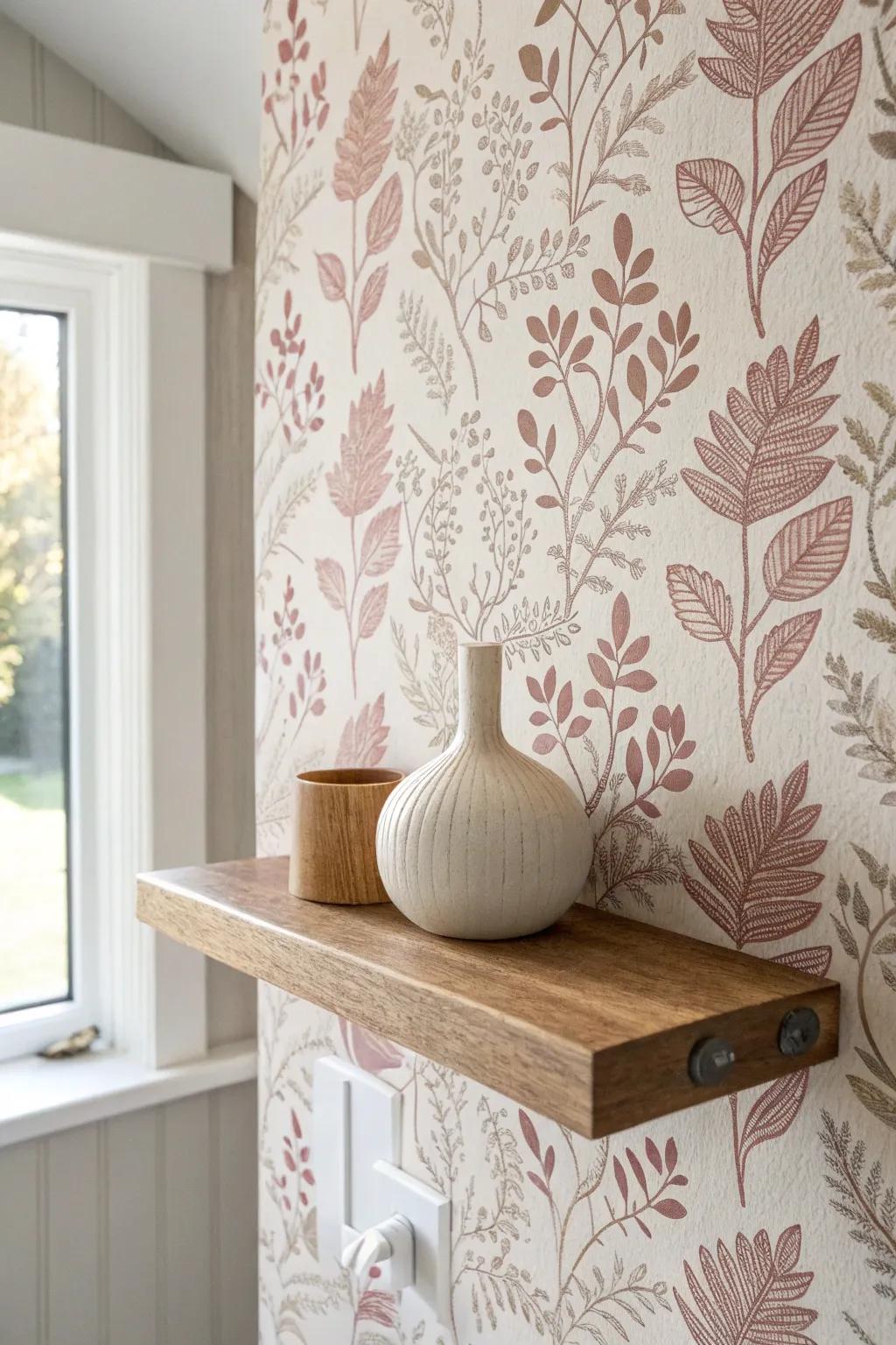 Wallpaper behind a floating oak shelf turns a simple wall into art—minimal, warm, and refined.