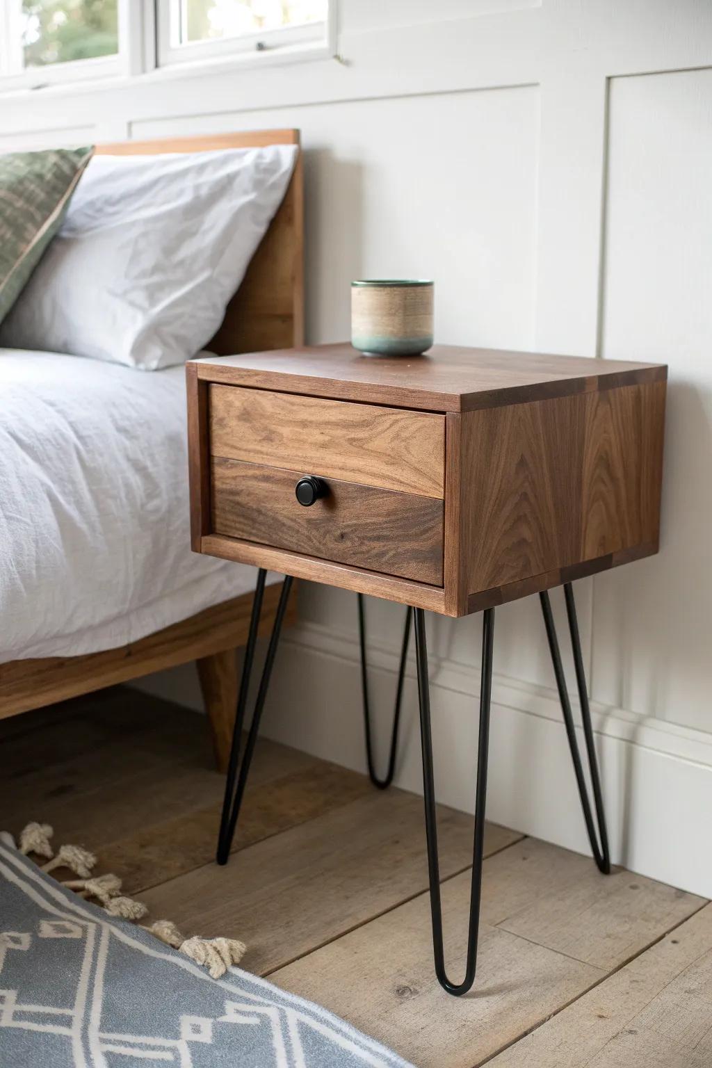 Warm walnut meets matte black metal—sleek bedside style with modern, luxe contrast.