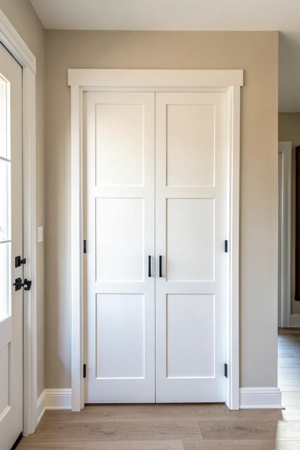 DIY picture-frame molding grid turns a plain wardrobe door into clean, tailored farmhouse style.