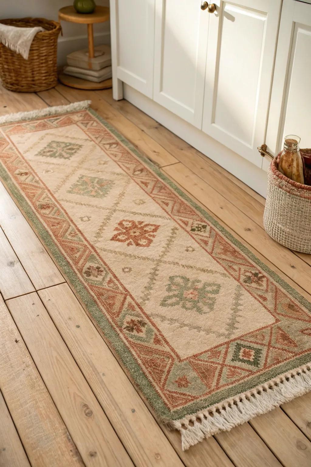 A muted earth-tone vintage runner adds cozy contrast to a warm white kitchen.