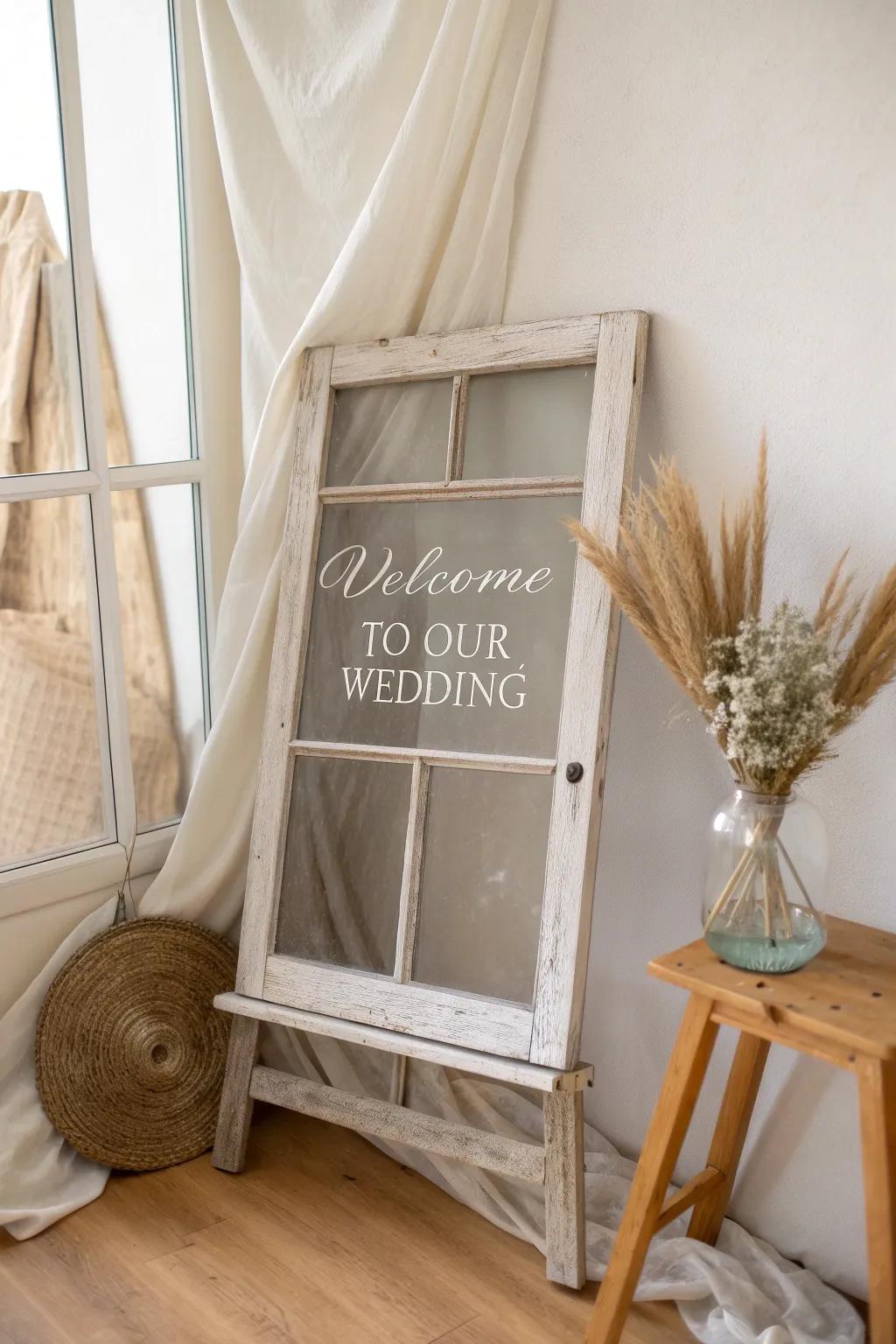 Vintage window frame on a wood easel—bright, readable welcome sign with farmhouse charm.