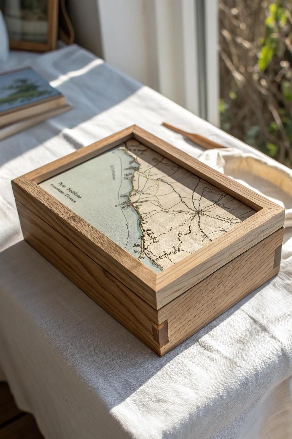 A handcrafted keepsake box with a walnut map inlay of your wedding location—simple, stunning.