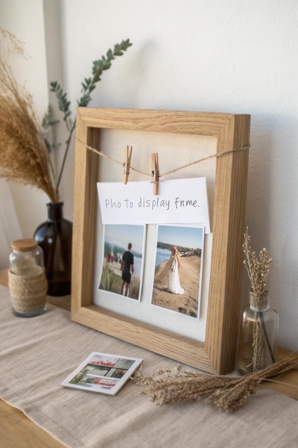 A minimalist wooden clip-up frame invites guests to add mini prints and sweet notes all night.
