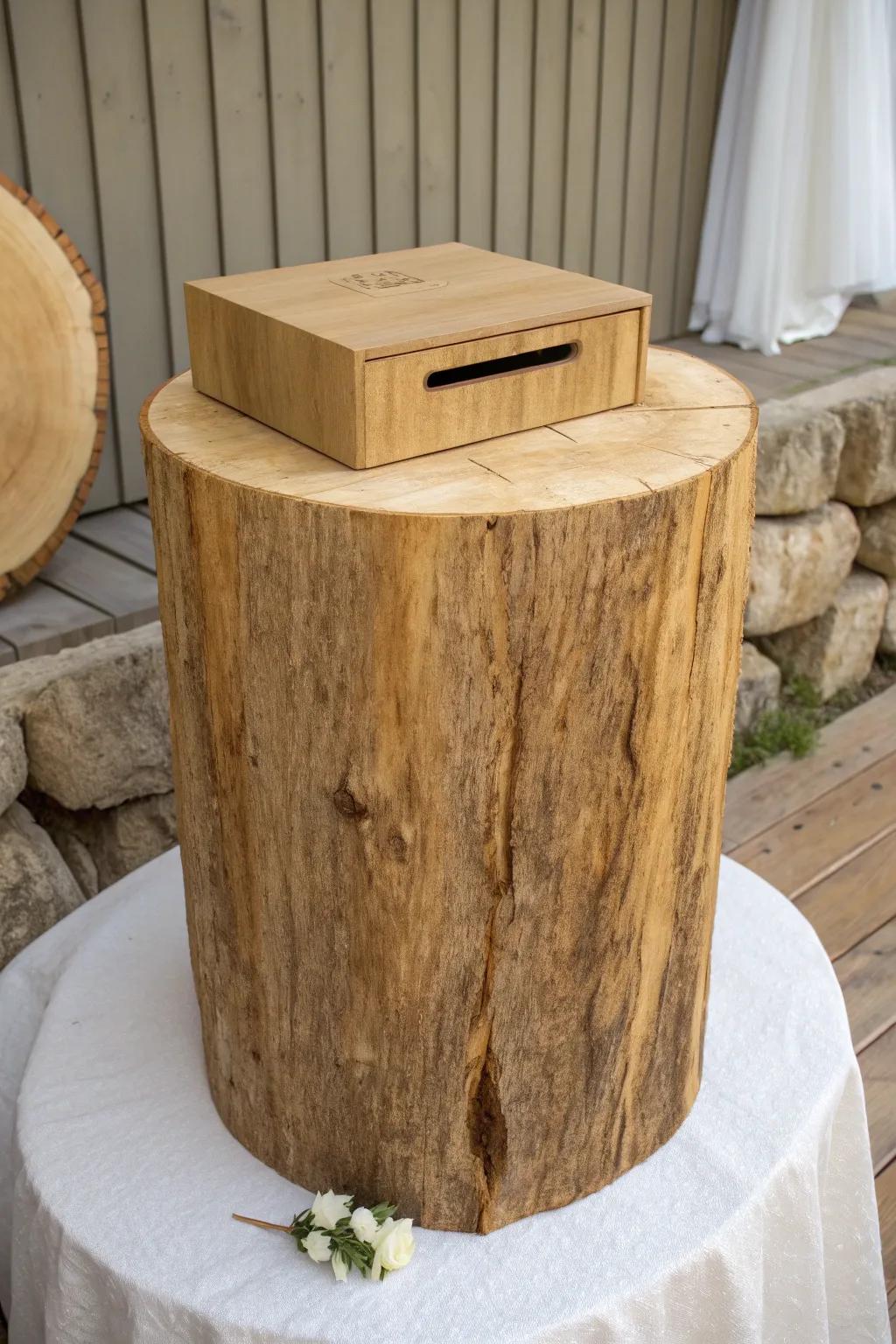 A rustic tree stump wishing well with a hidden secret drawer—natural, sleek, and magical.