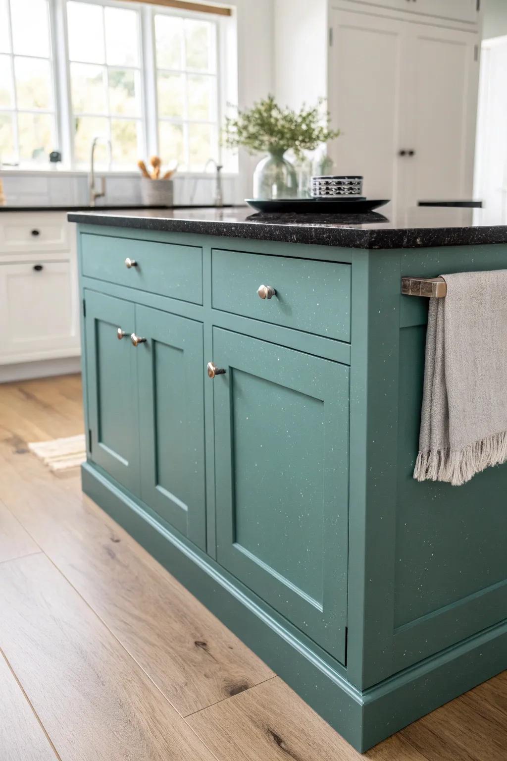 Muted teal cabinets meet black granite for a bold, calm focal point with Scandinavian charm.