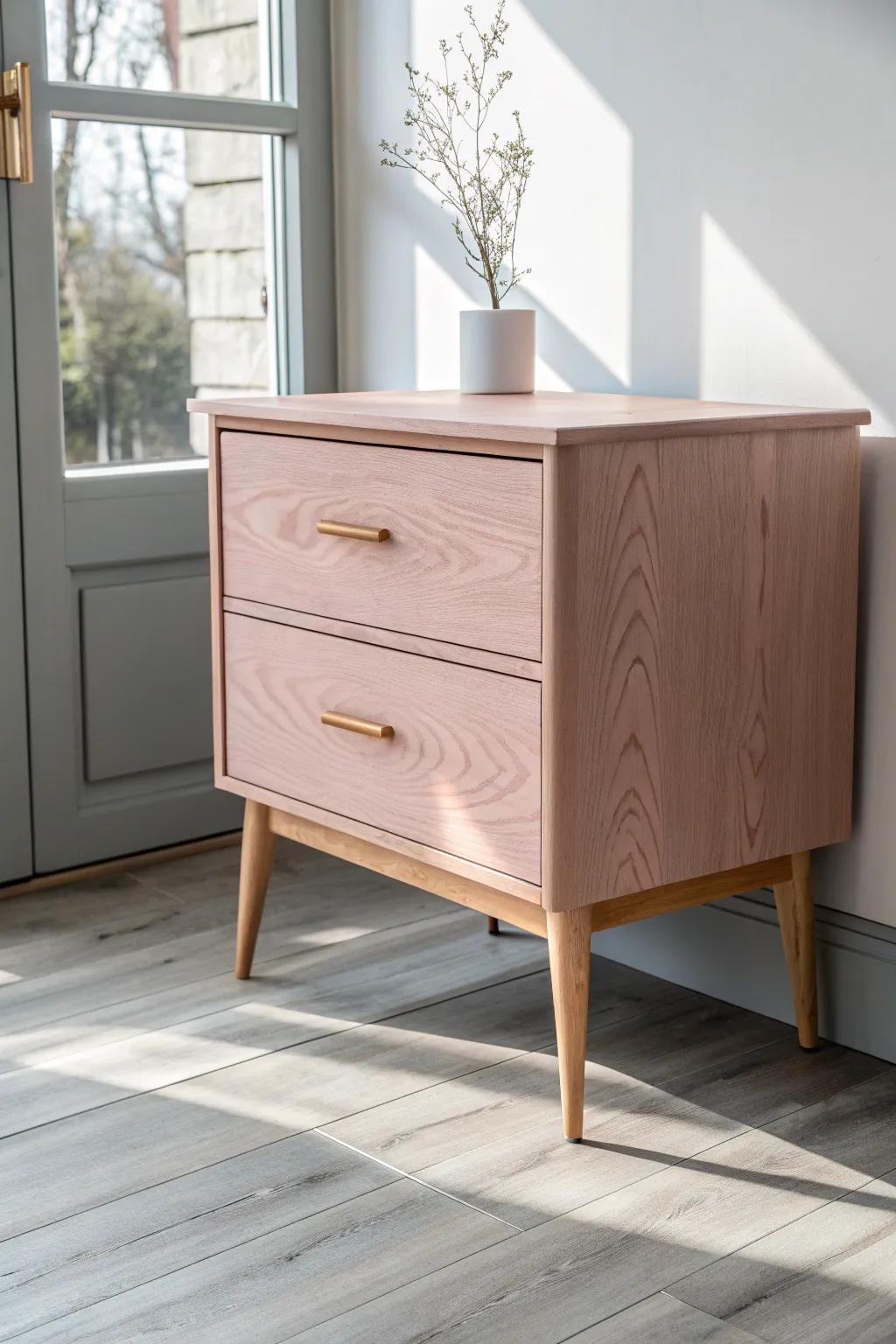 Dusty blush vanity on gray wood floors—soft, modern contrast with handcrafted charm.