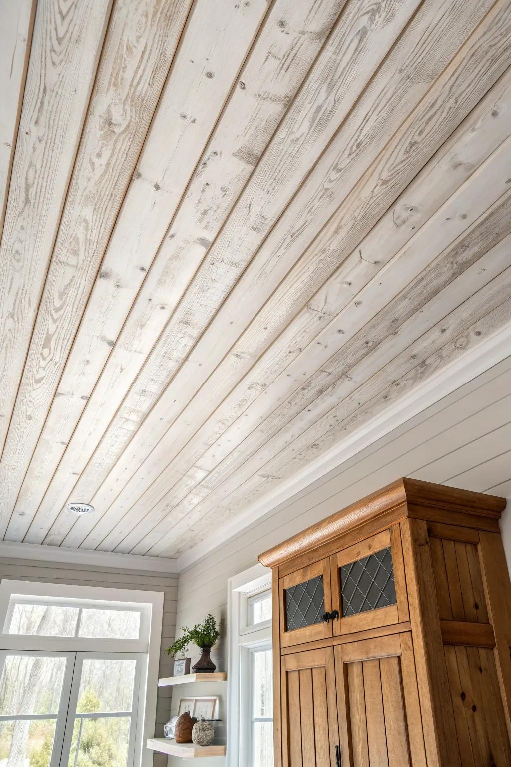 Whitewashed wood ceiling over warm brown furniture—airy, textured, and instantly cozy.