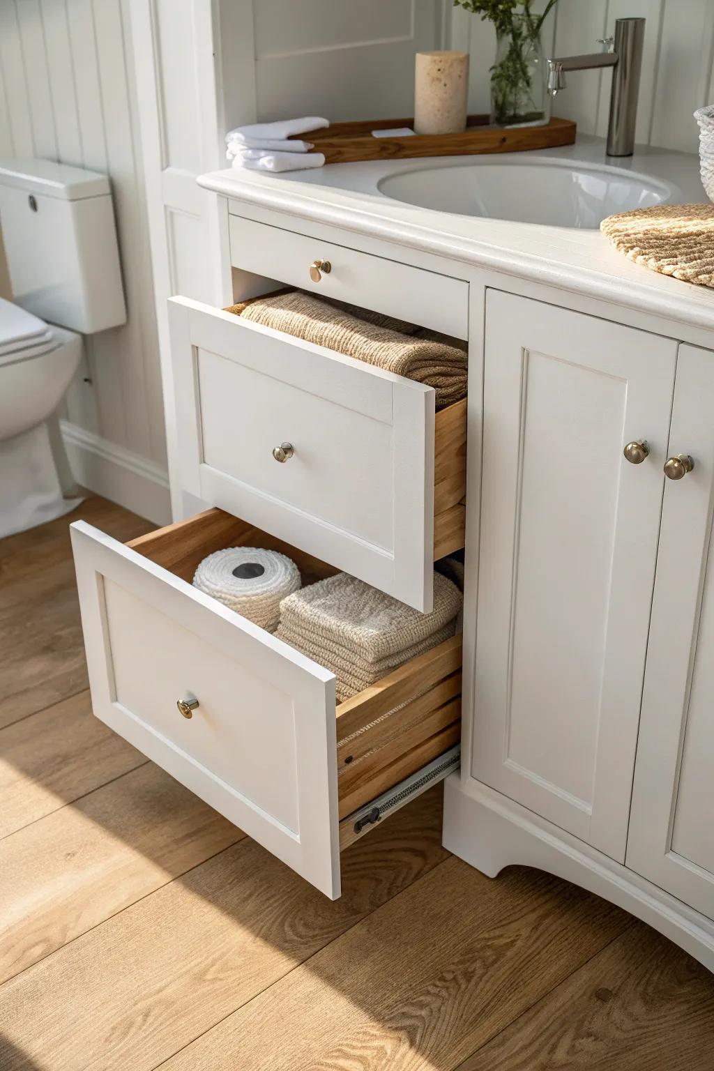 Hidden toe-kick drawer under a white vanity—extra storage for towels, TP, and cloths.