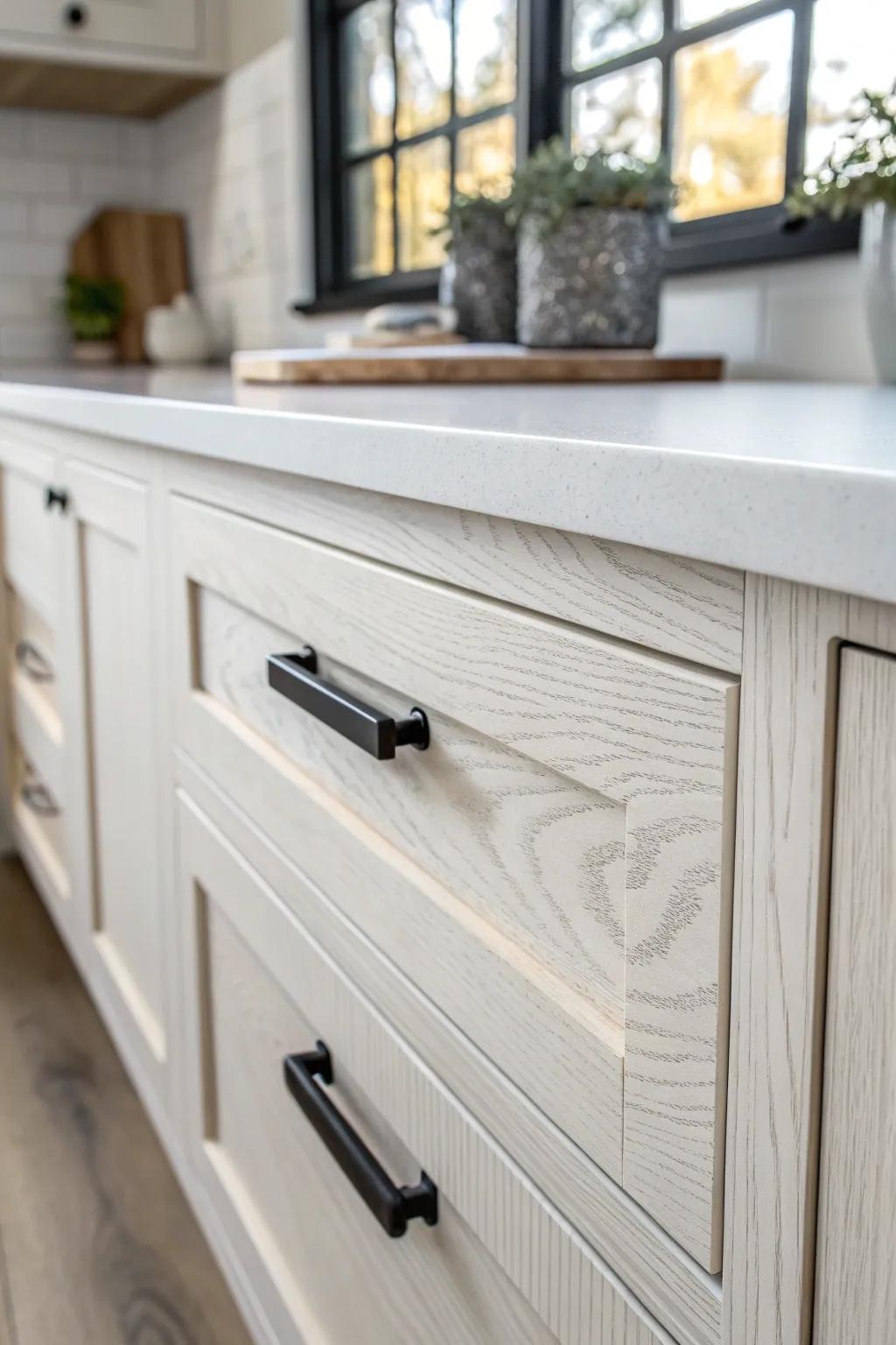 Matte black hardware frames an all‑white cabinet + countertop for crisp, designer contrast.