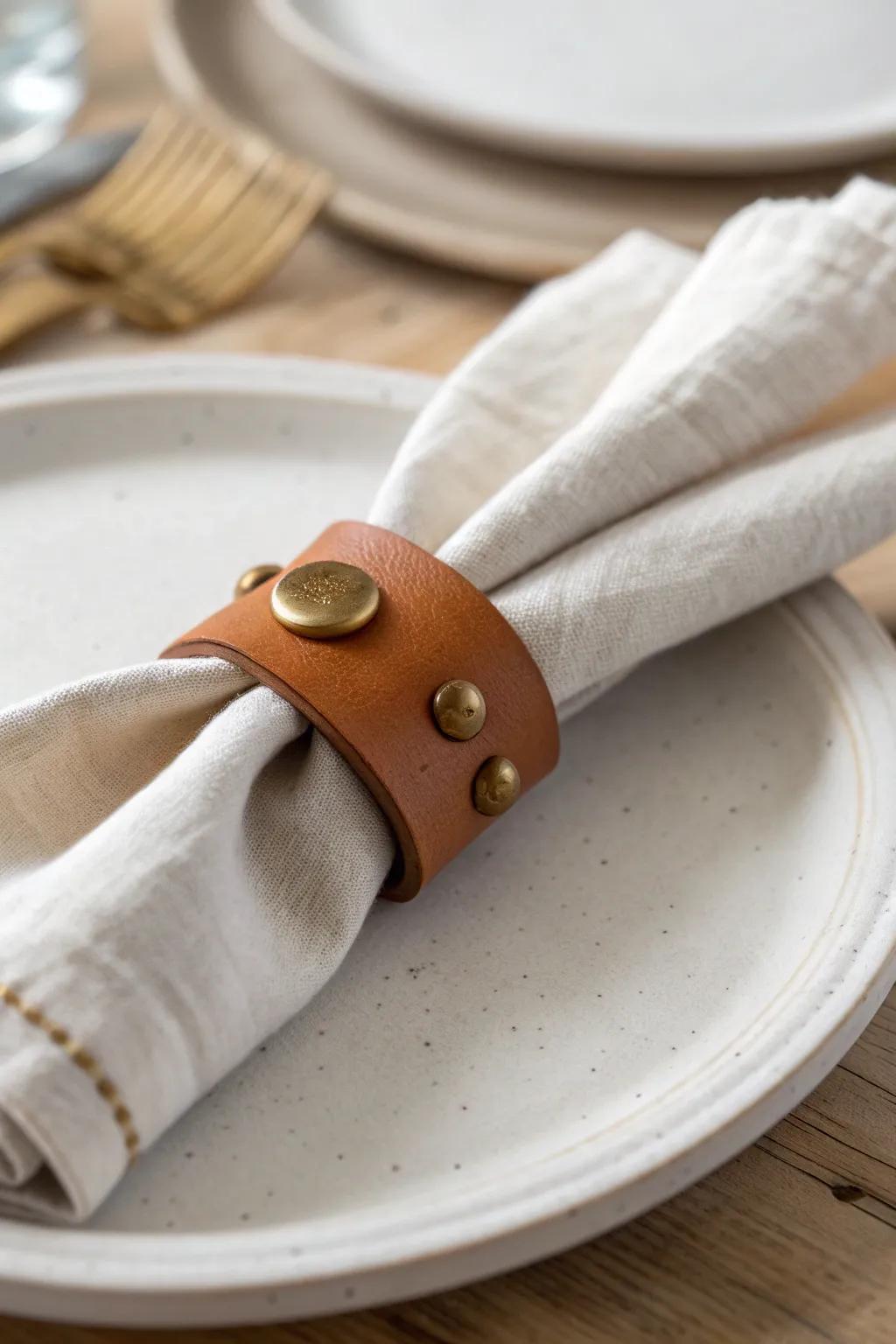 DIY leather scrap napkin rings bring warm, handcrafted contrast to a crisp white table.